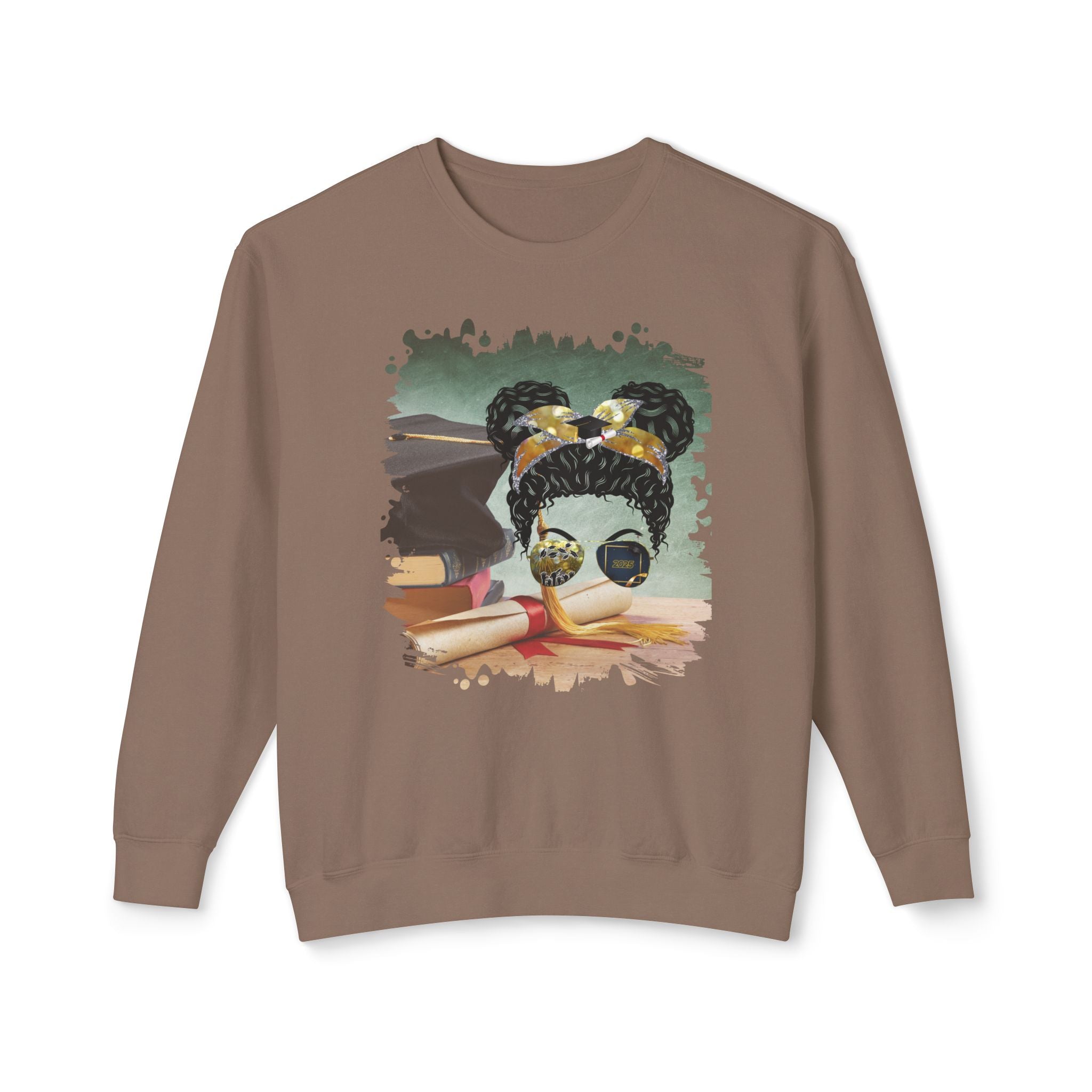 Cap & Degree/Diploma, Black Hair Messy Bun, Unisex Lightweight Crewneck Sweatshirt