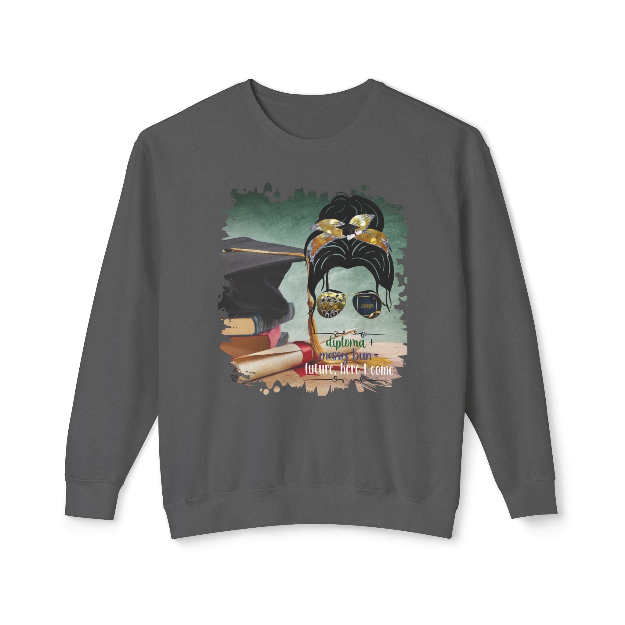 Diploma + Messy Bun, Cap & Degree/Diploma, Dark Hair Messy Bun, Unisex Lightweight Crewneck Sweatshirt