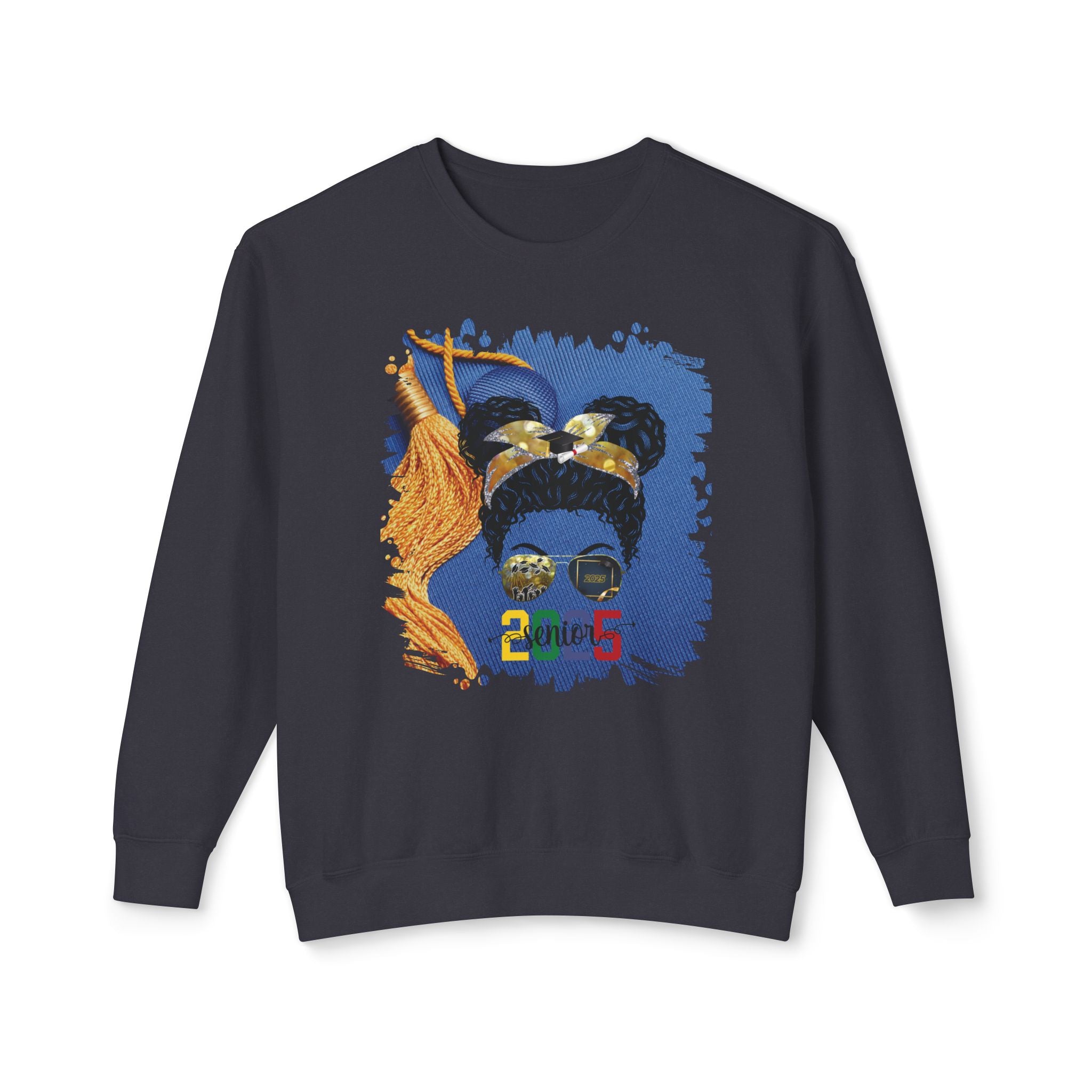 Senior 2025 Colorful, Graduation Cap, Black Hair Messy Bun, Unisex Lightweight Crewneck Sweatshirt