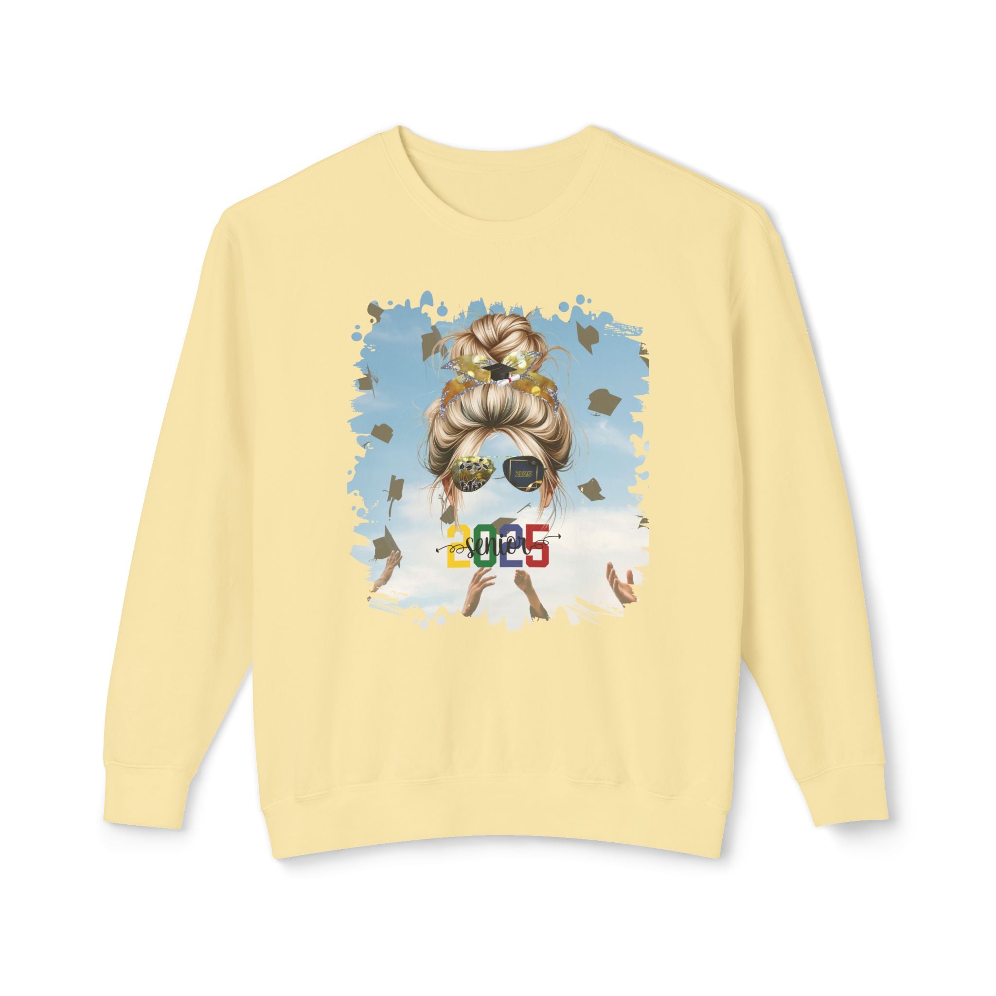 Senior 2025 Colorful, Celebration, Blond Hair Messy Bun, Unisex Lightweight Crewneck Sweatshirt