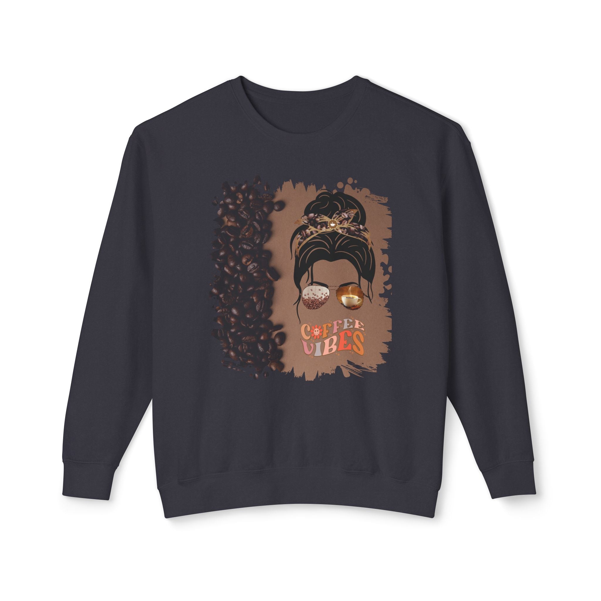 Coffee Vibes, Coffee Beans Shade, Dark Hair Messy Bun, Unisex Lightweight Crewneck Sweatshirt
