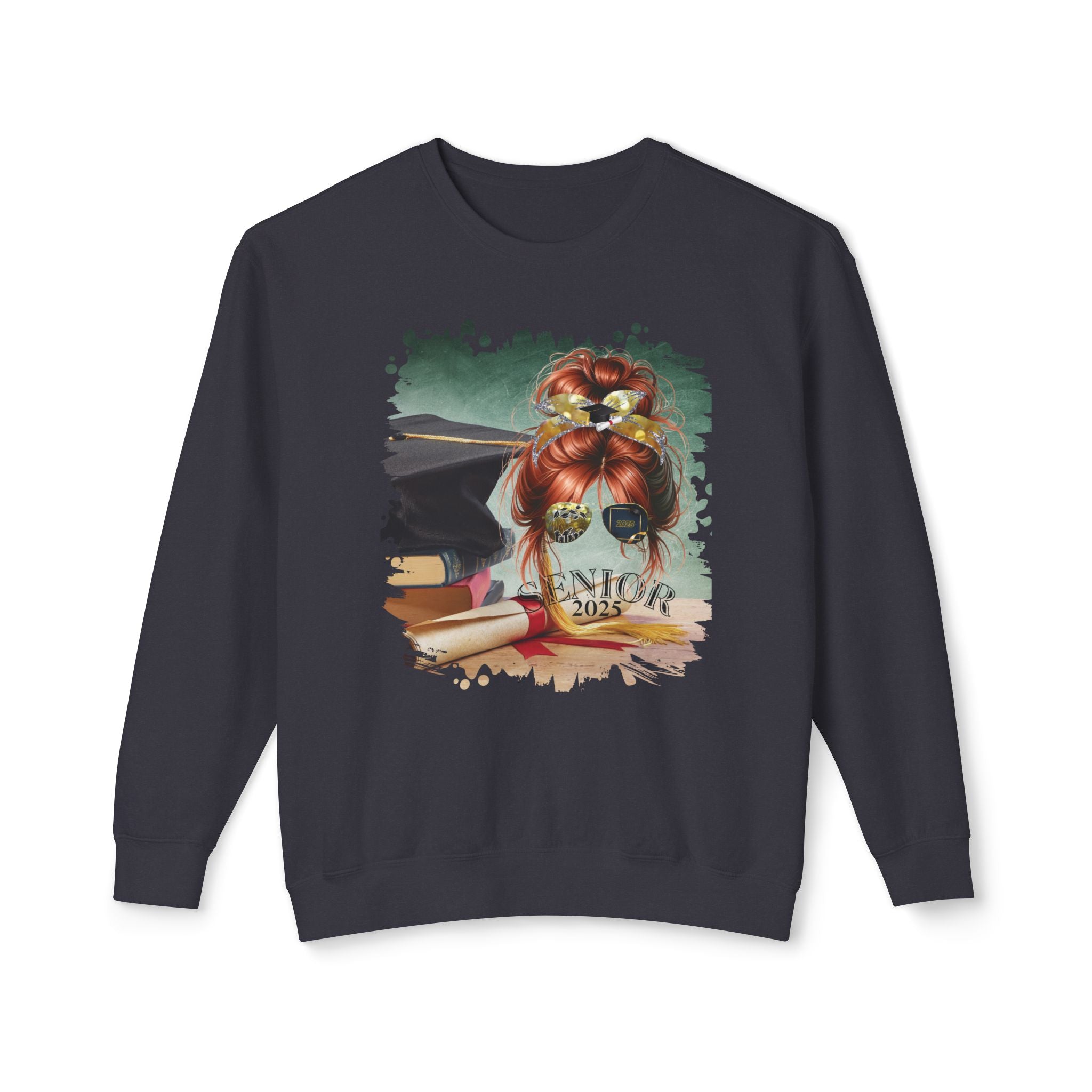 Senior 2025, Cap & Degree/Diploma, Red Hair Messy Bun, Unisex Lightweight Crewneck Sweatshirt