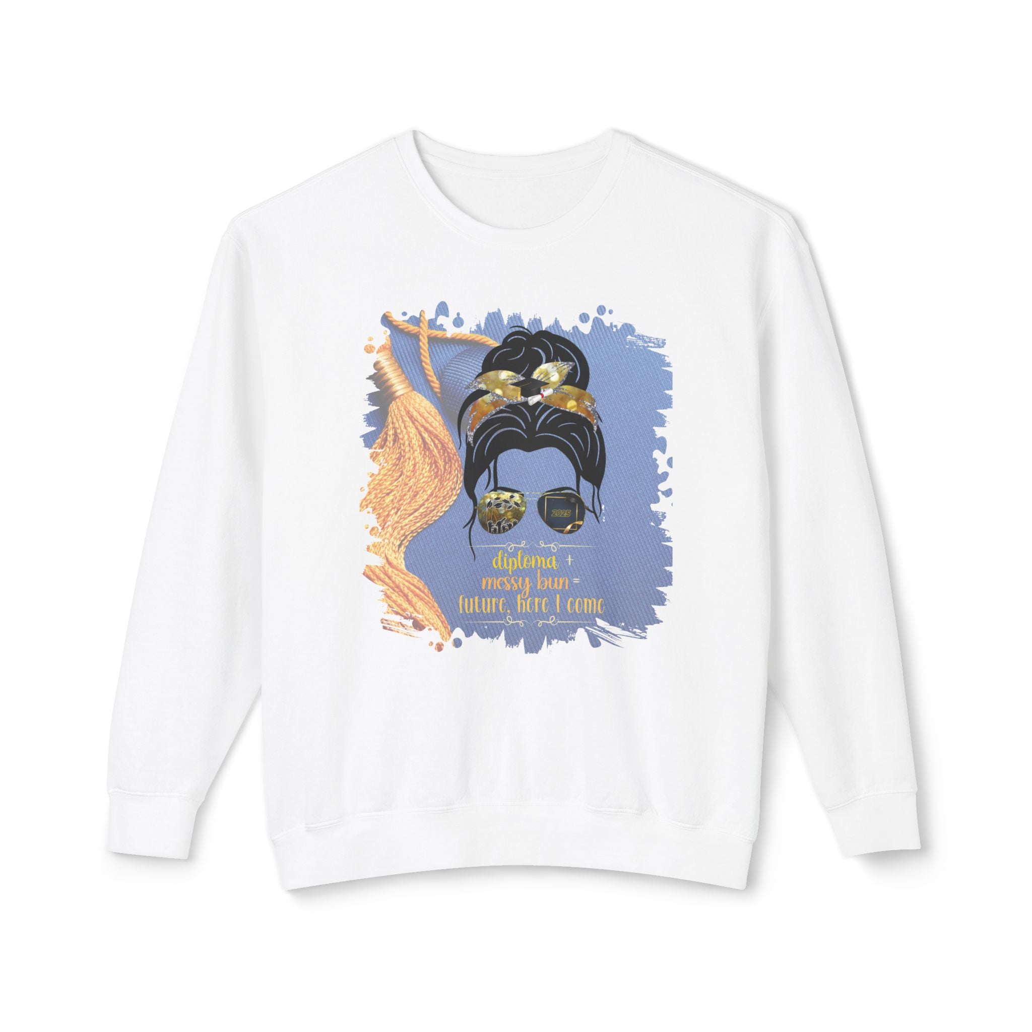 Diploma + Messy Bun, Graduation Cap, Dark Hair Messy Bun, Unisex Lightweight Crewneck Sweatshirt