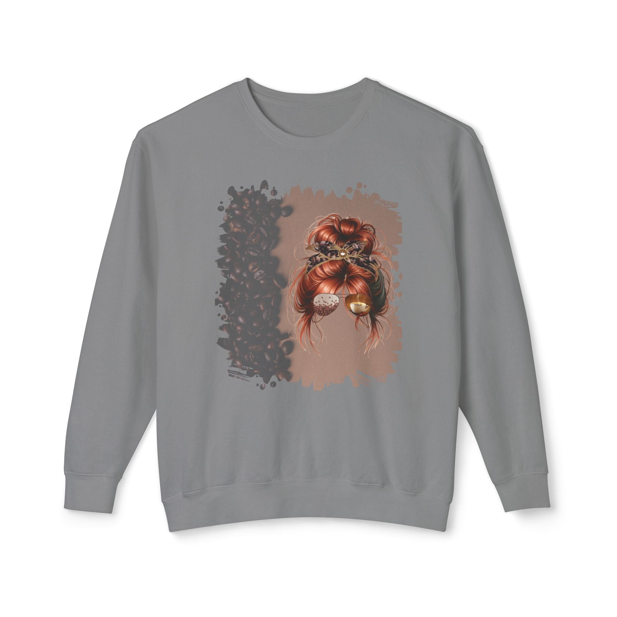 Coffee Beans Shade, Red Hair Messy Bun, Unisex Lightweight Crewneck Sweatshirt