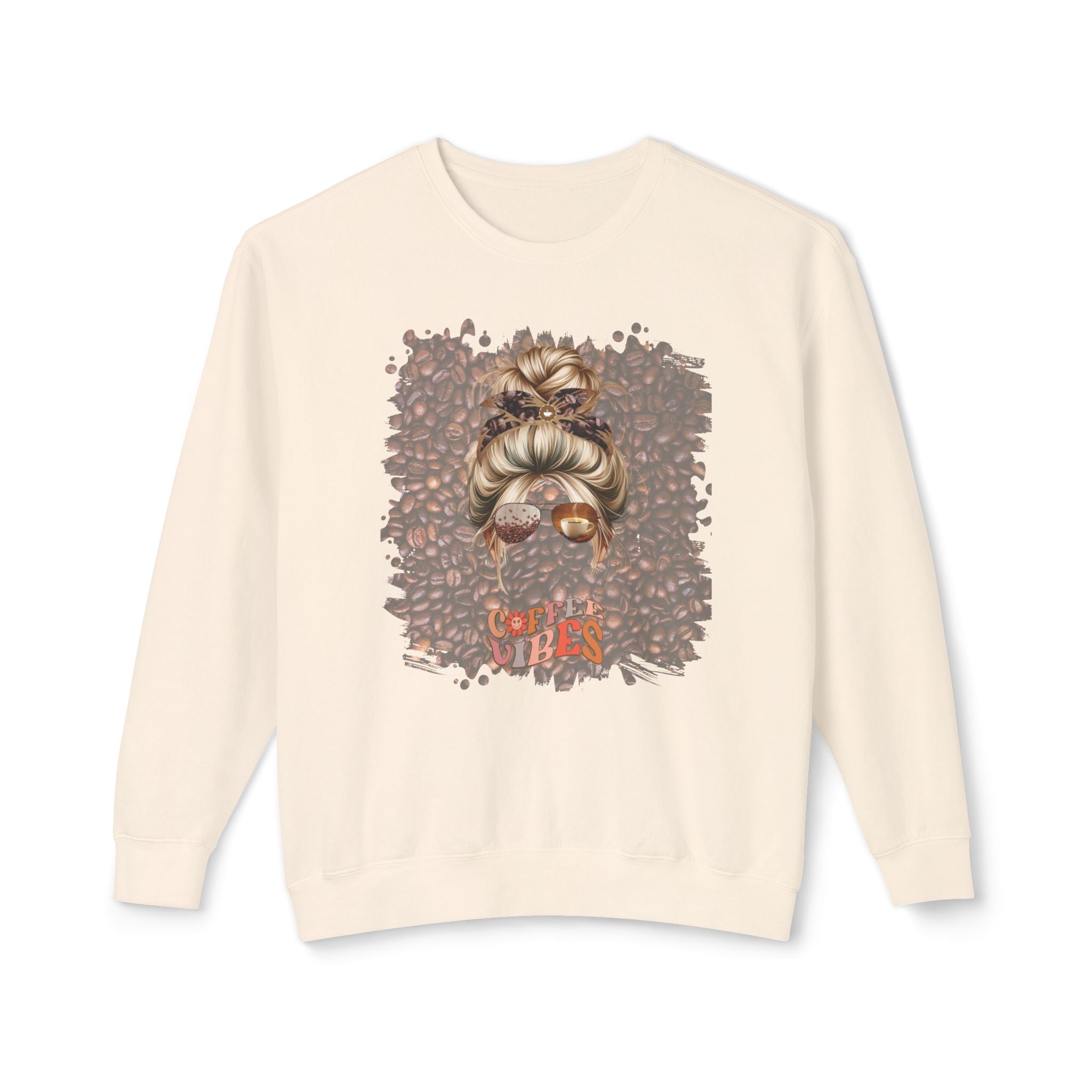 Coffee Vibes, Coffee Beans, Blond Hair Messy Bun, Unisex Lightweight Crewneck Sweatshirt