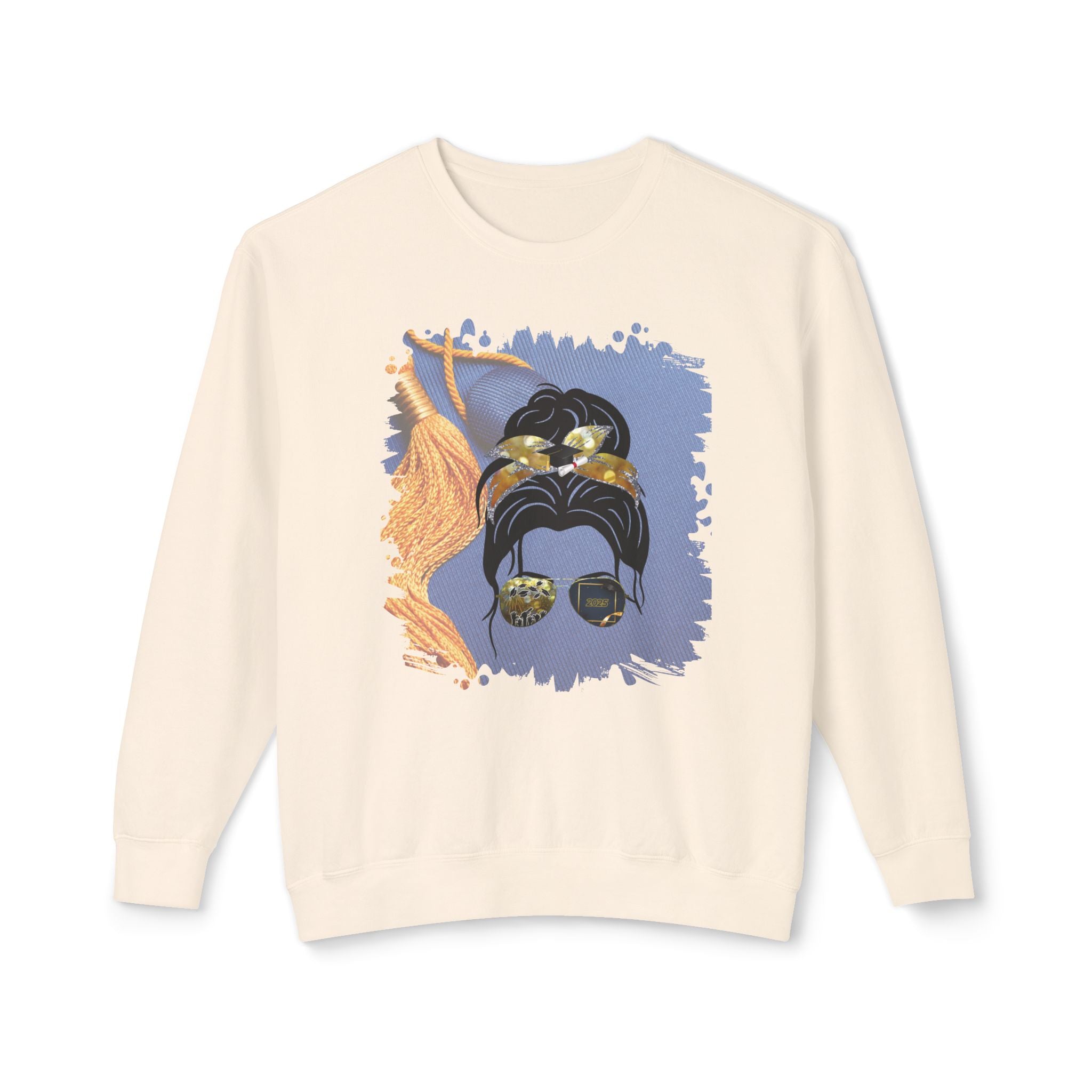 Graduation Cap, Dark Hair Messy Bun, Unisex Lightweight Crewneck Sweatshirt