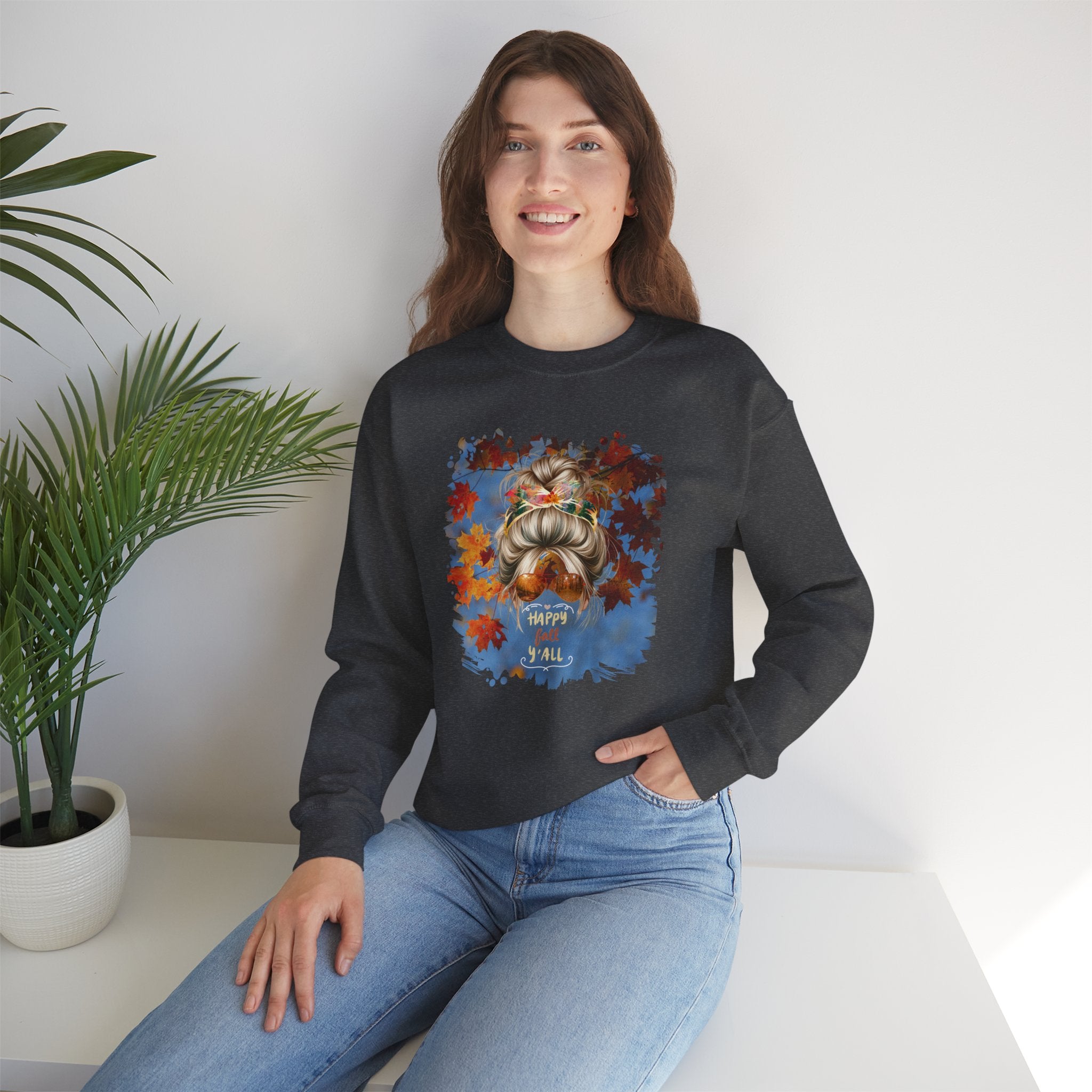 Happy Fall Y'all Fall Sky, Blond Hair Messy Bun, Unisex Heavy Blend™ Crewneck Sweatshirt