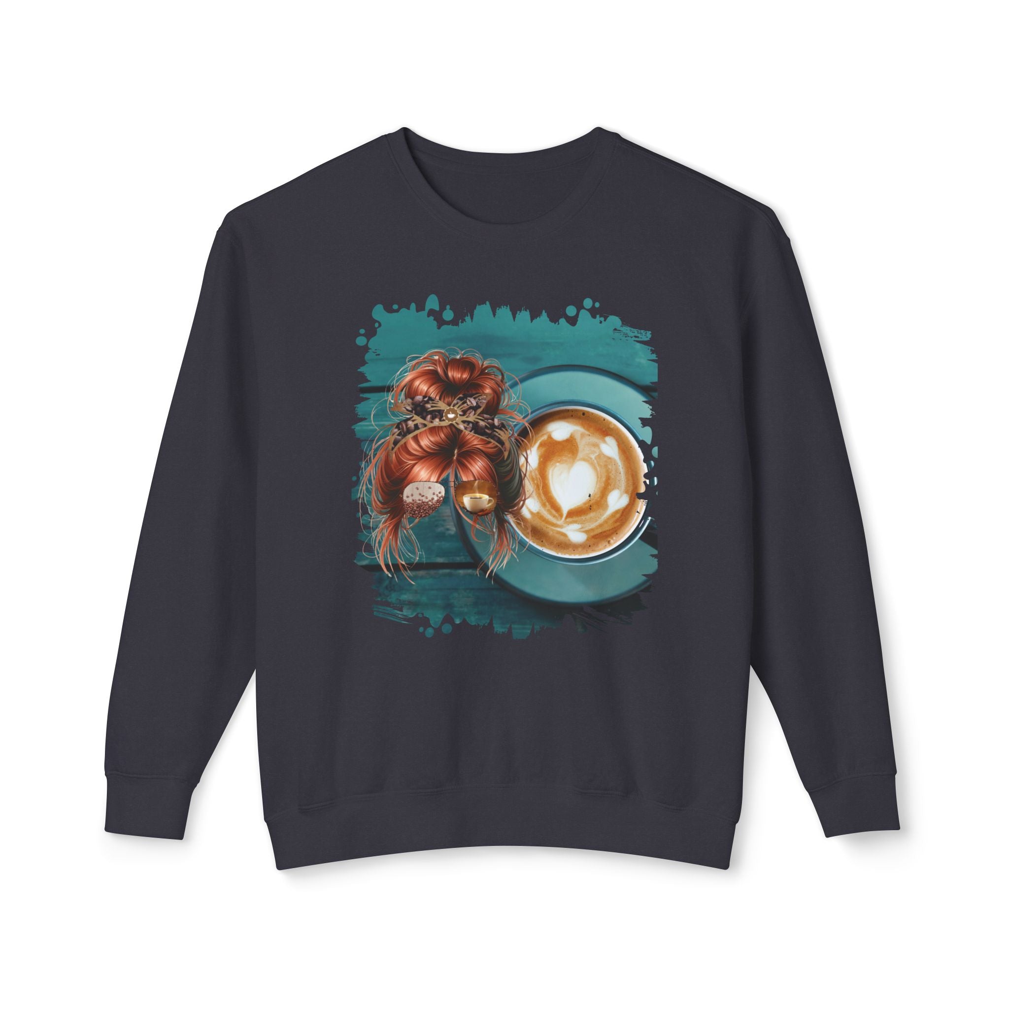 Coffee Cup, Red Hair Messy Bun, Unisex Lightweight Crewneck Sweatshirt
