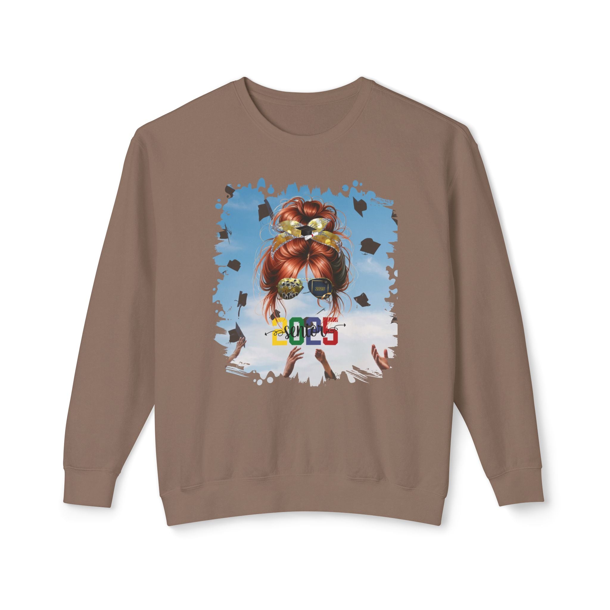 Senior 2025 Colorful, Celebration, Red Hair Messy Bun, Unisex Lightweight Crewneck Sweatshirt