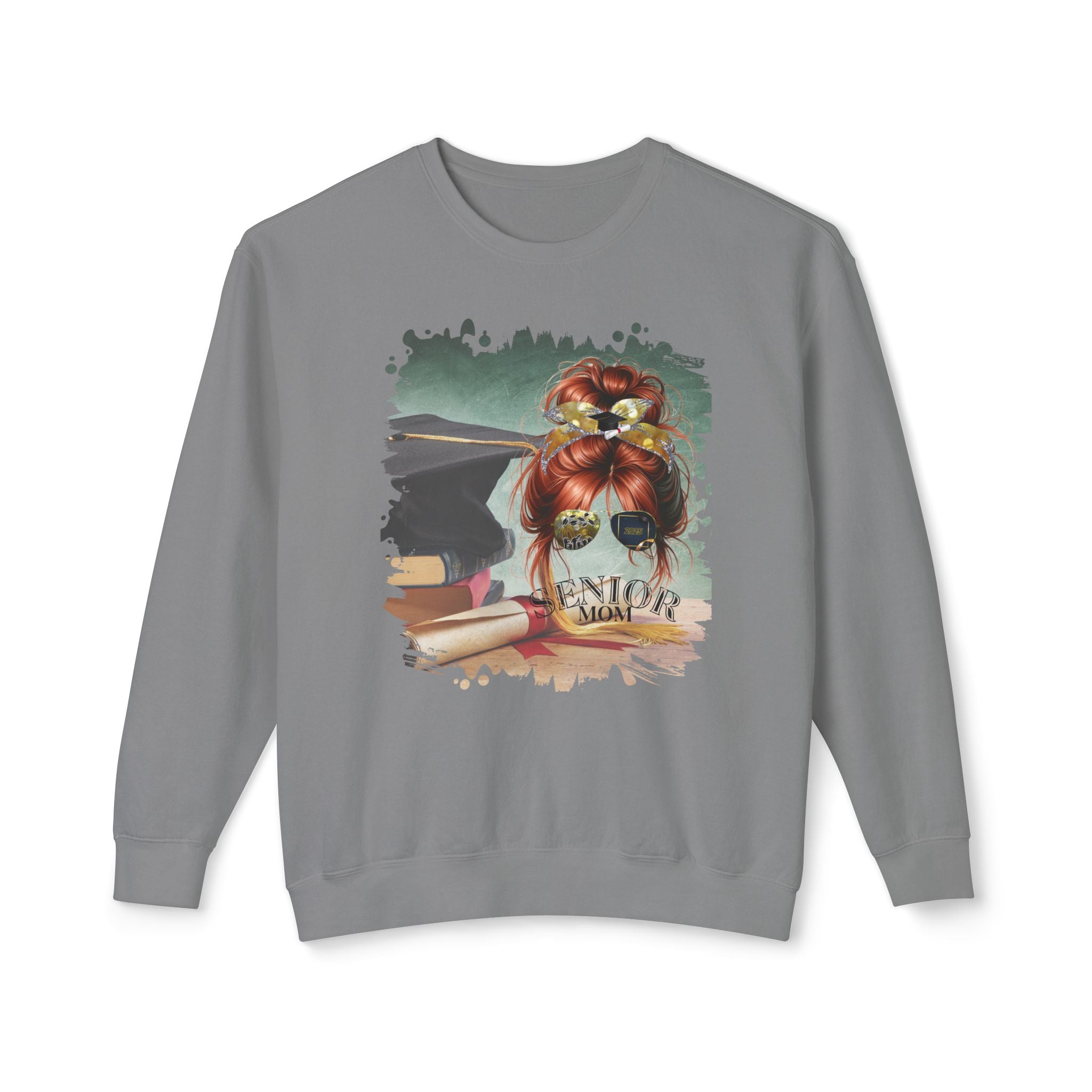 Senior Mom, Cap & Degree/Diploma, Red Hair Messy Bun, Unisex Lightweight Crewneck Sweatshirt