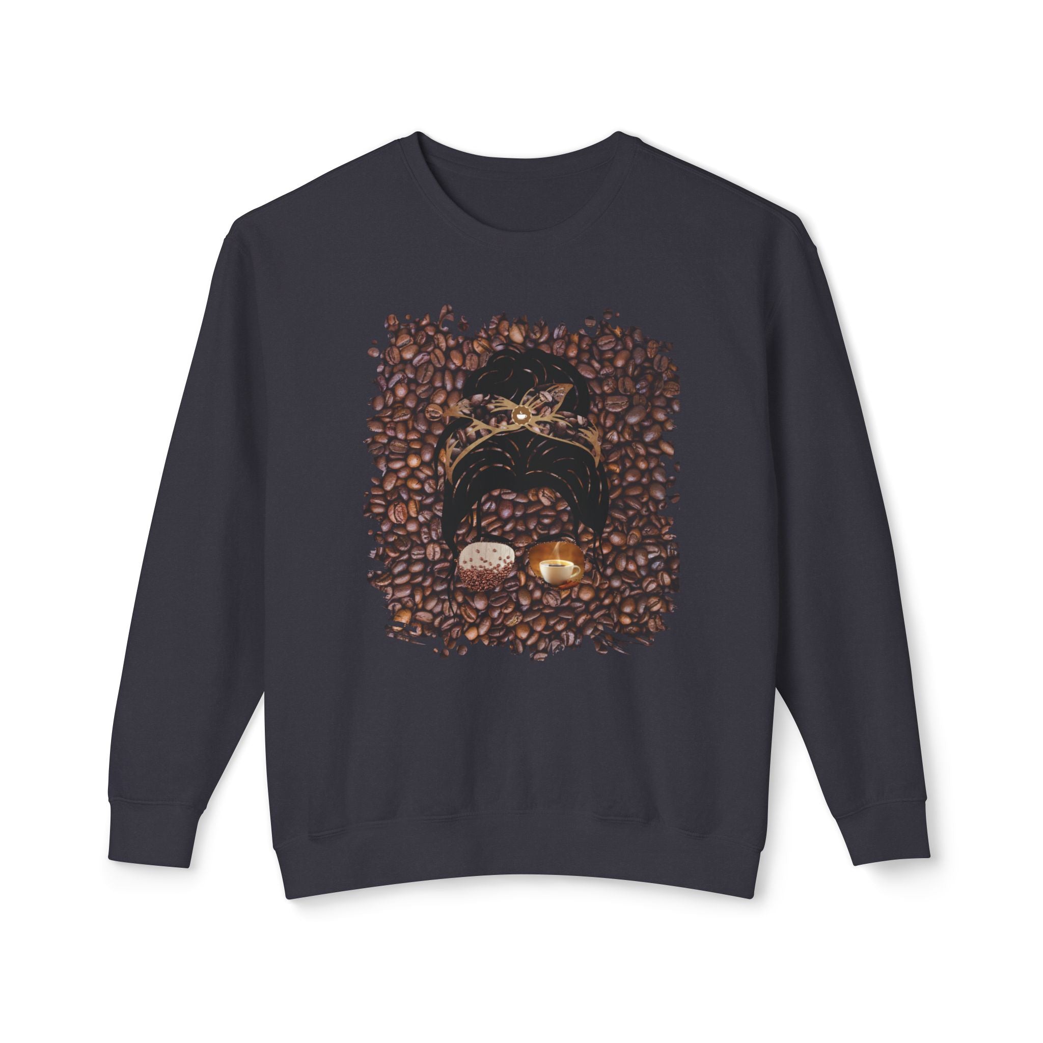 Coffee Beans, Dark Hair Messy Bun, Unisex Lightweight Crewneck Sweatshirt