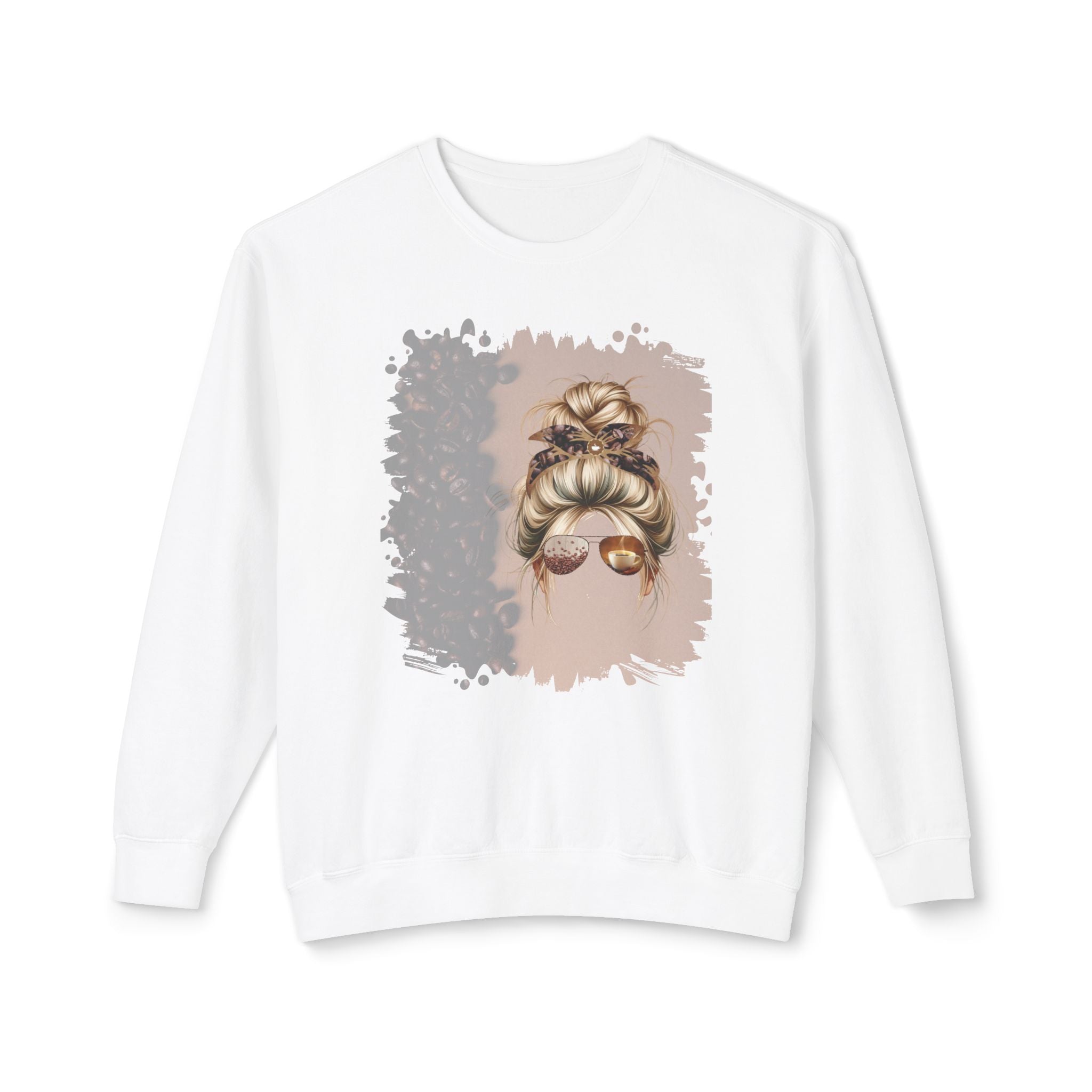 Coffee Beans Shade, Blond Hair Messy Bun, Unisex Lightweight Crewneck Sweatshirt