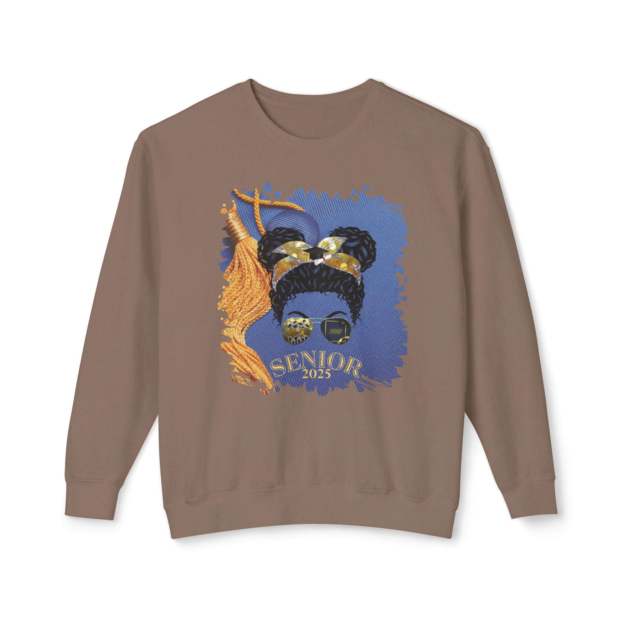 Senior 2025, Graduation Cap, Black Hair Messy Bun, Unisex Lightweight Crewneck Sweatshirt