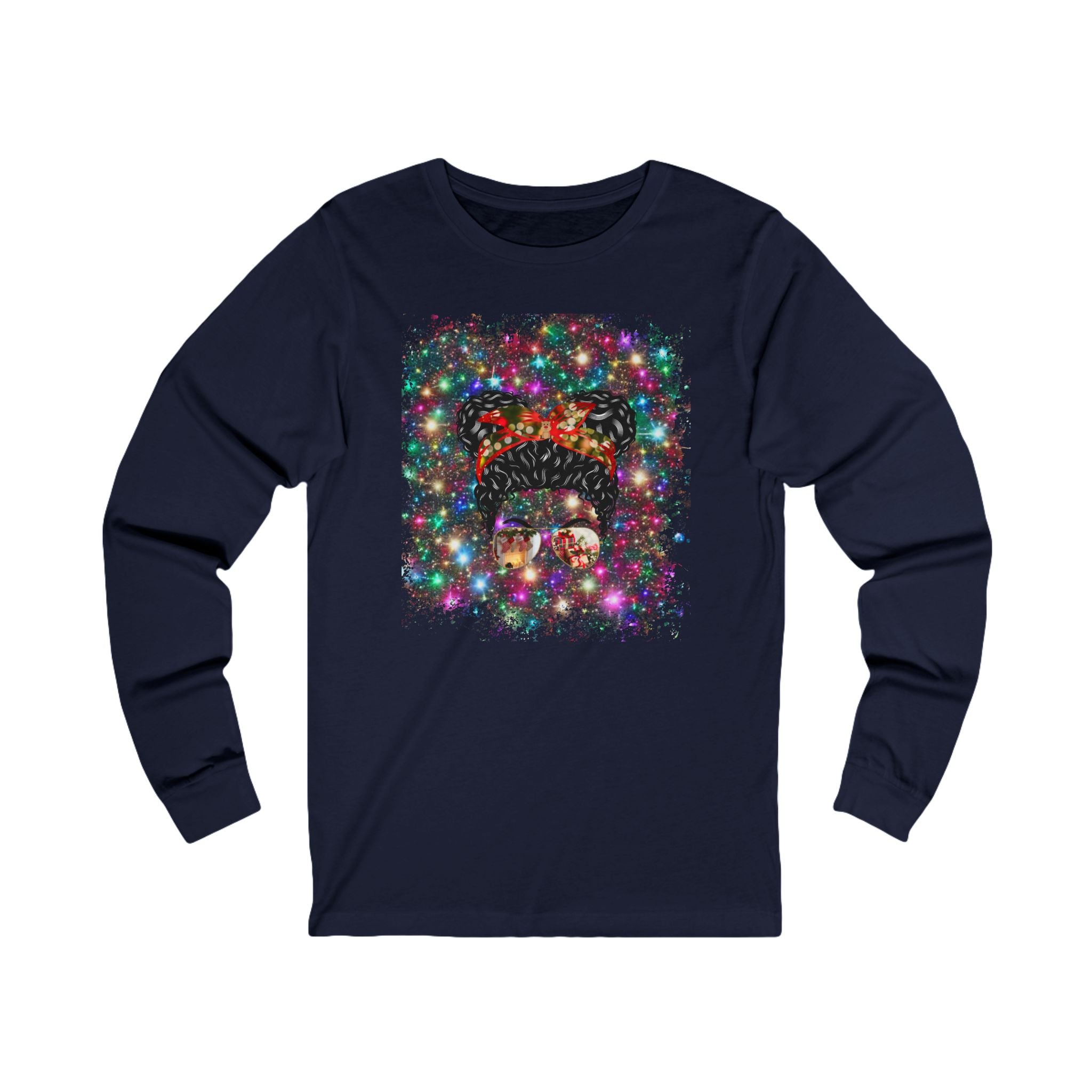 Christmas Lights, Black Hair Messy Bun, Unisex Jersey Long Sleeve Tee