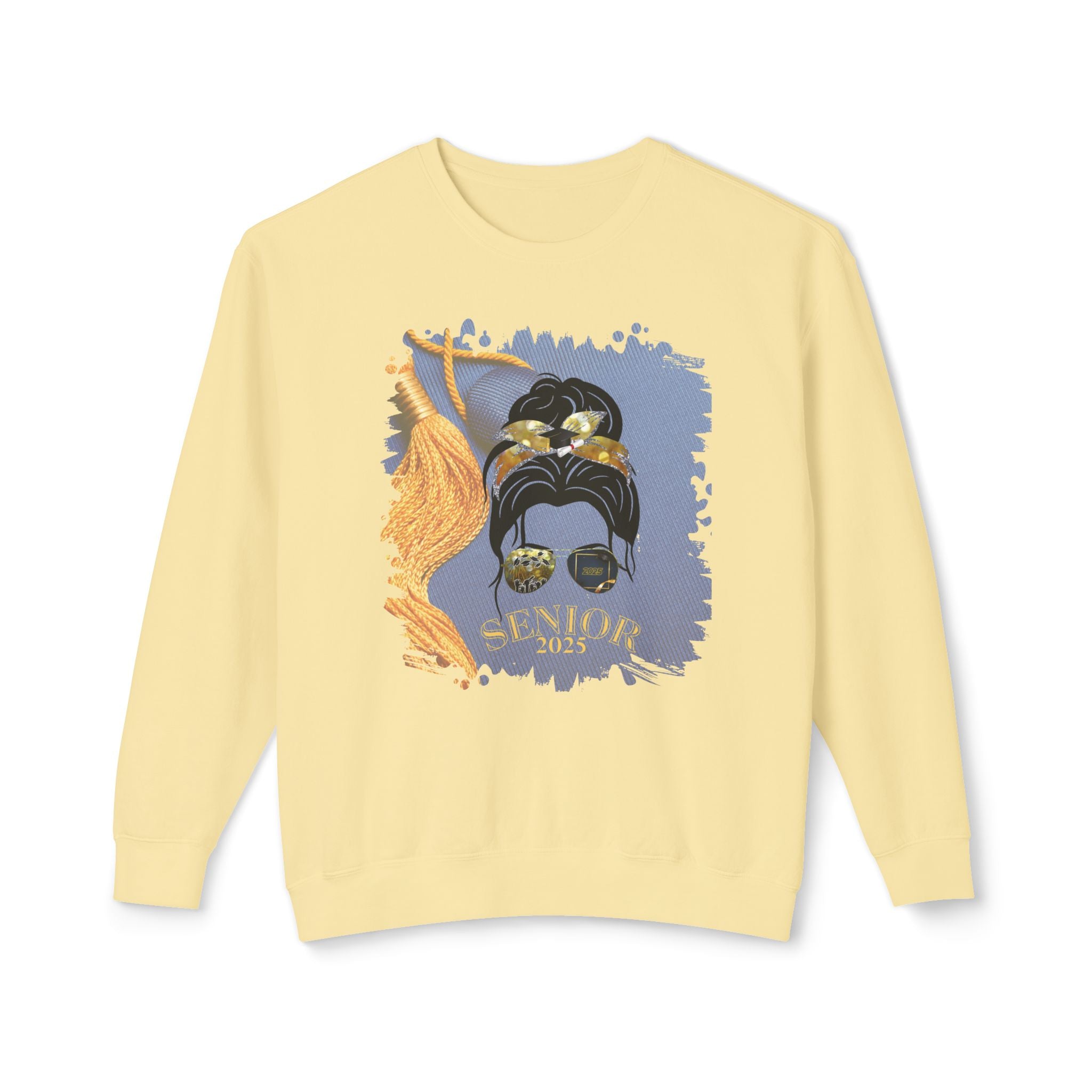 Senior 2025, Graduation Cap, Dark Hair Messy Bun, Unisex Lightweight Crewneck Sweatshirt