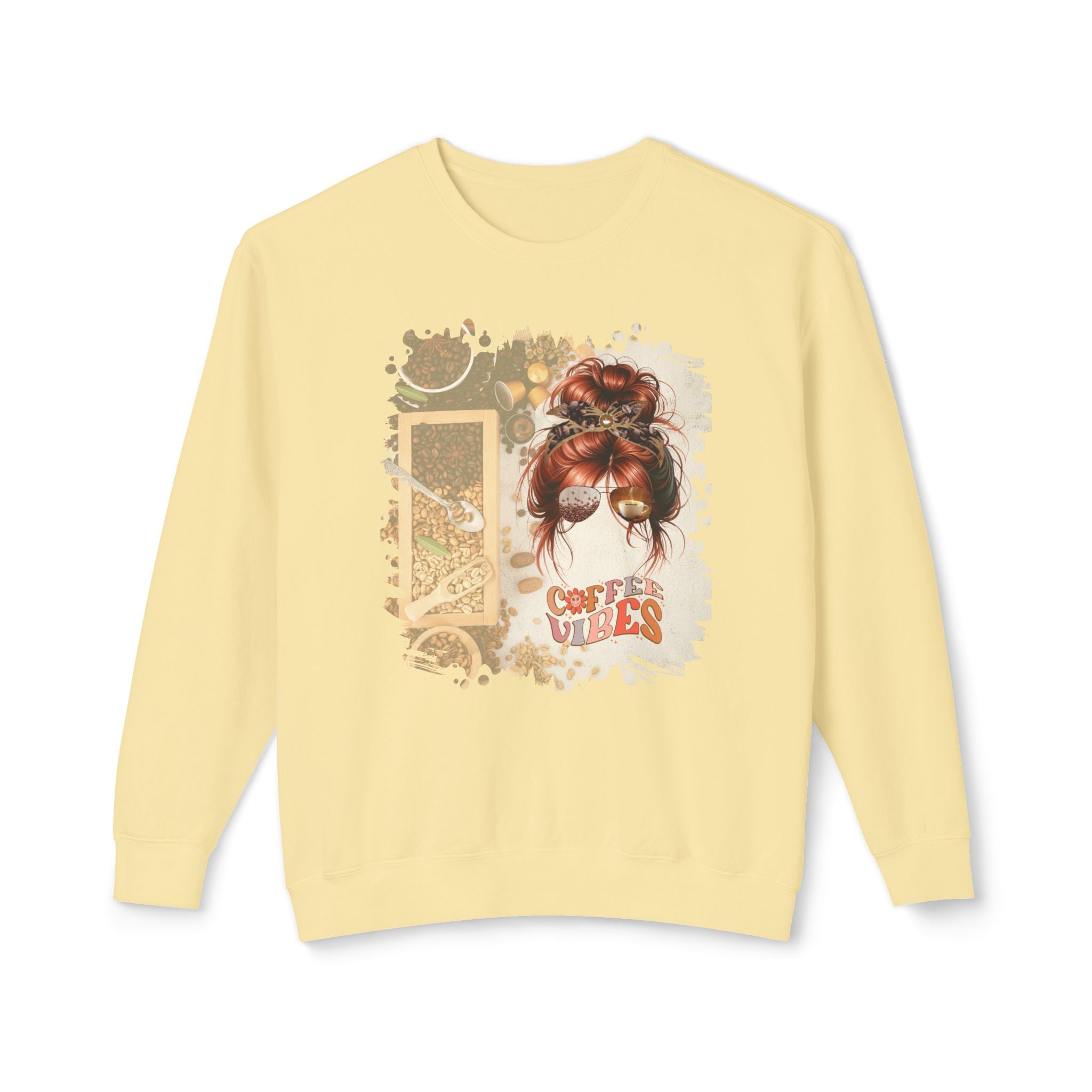 Coffee Vibes, Coffee Beans Variety, Red Hair Messy Bun, Unisex Lightweight Crewneck Sweatshirt