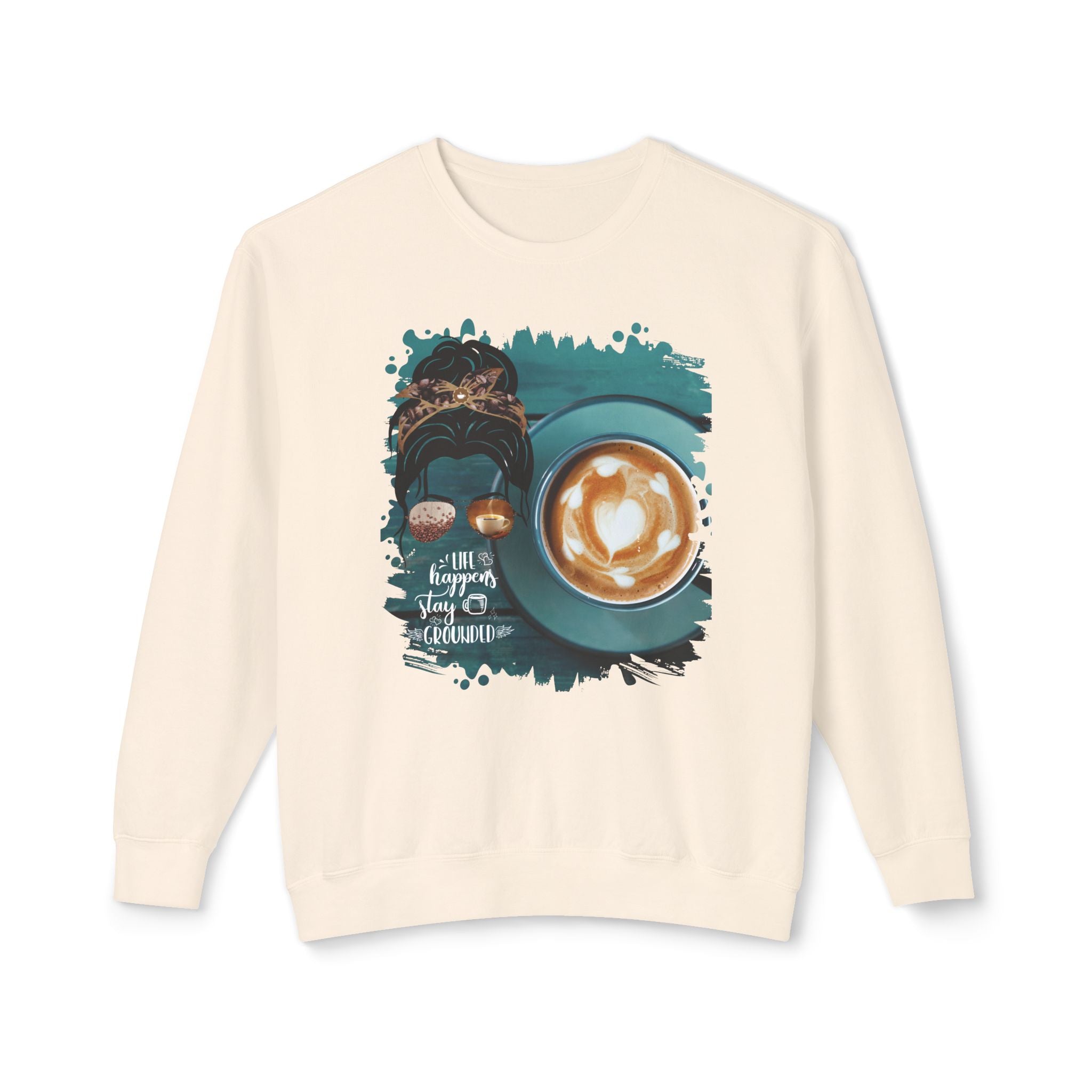Stay Grounded, Coffee Cup, Dark Hair Messy Bun, Unisex Lightweight Crewneck Sweatshirt