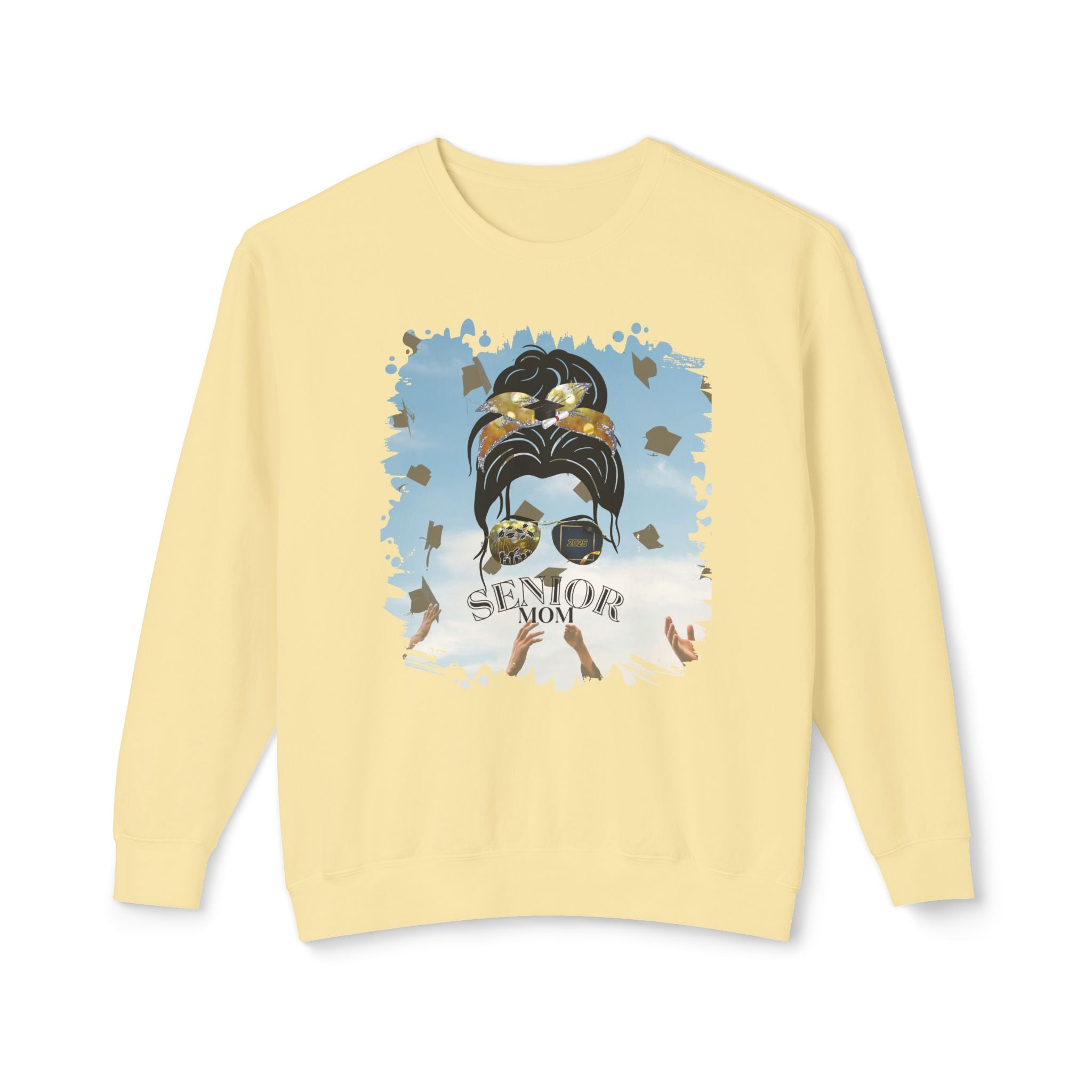 Senior Mom, Celebration, Dark Hair Messy Bun, Unisex Lightweight Crewneck Sweatshirt