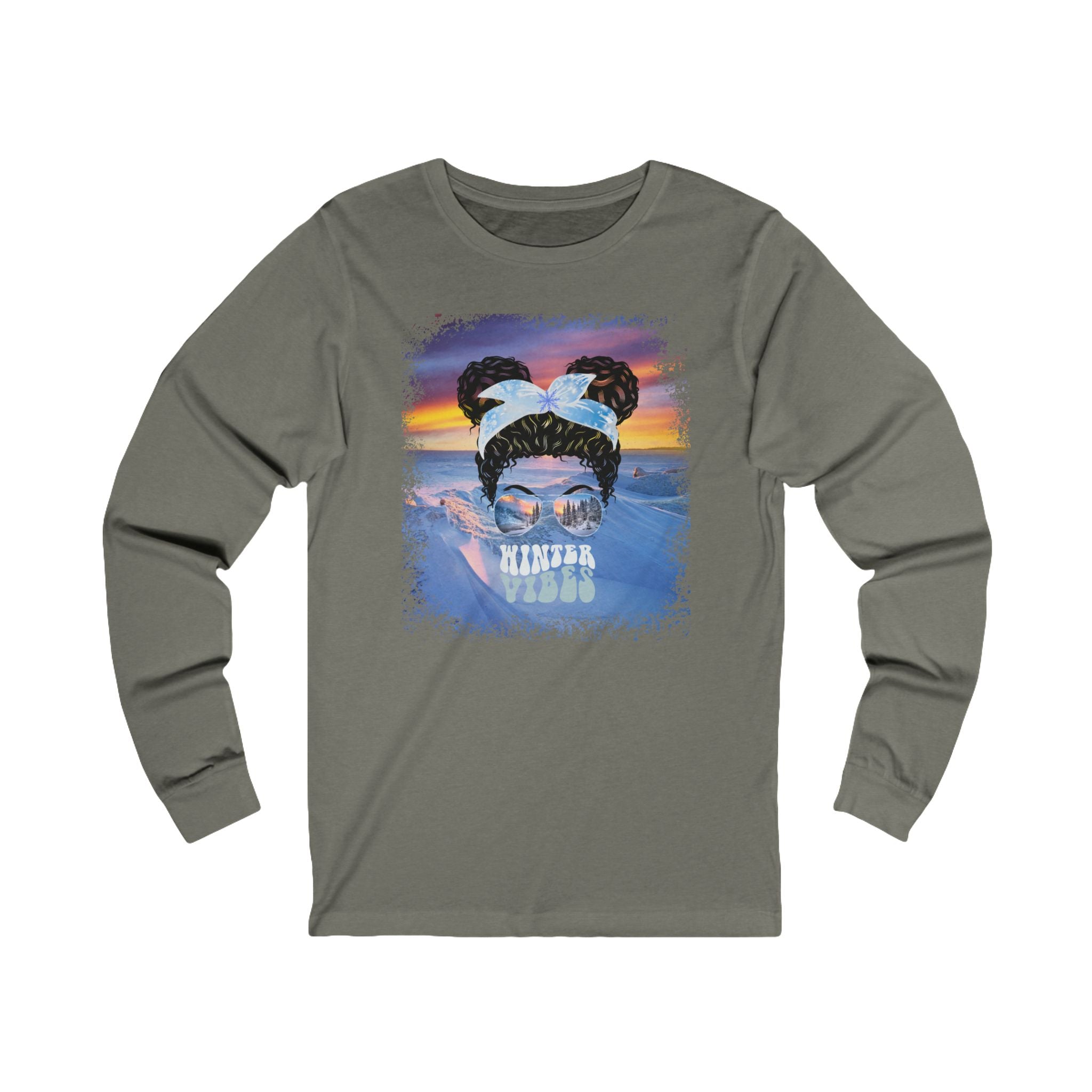 Winter Vibes Winter Mountain, Black Hair Messy Bun, Unisex Jersey Long Sleeve Tee