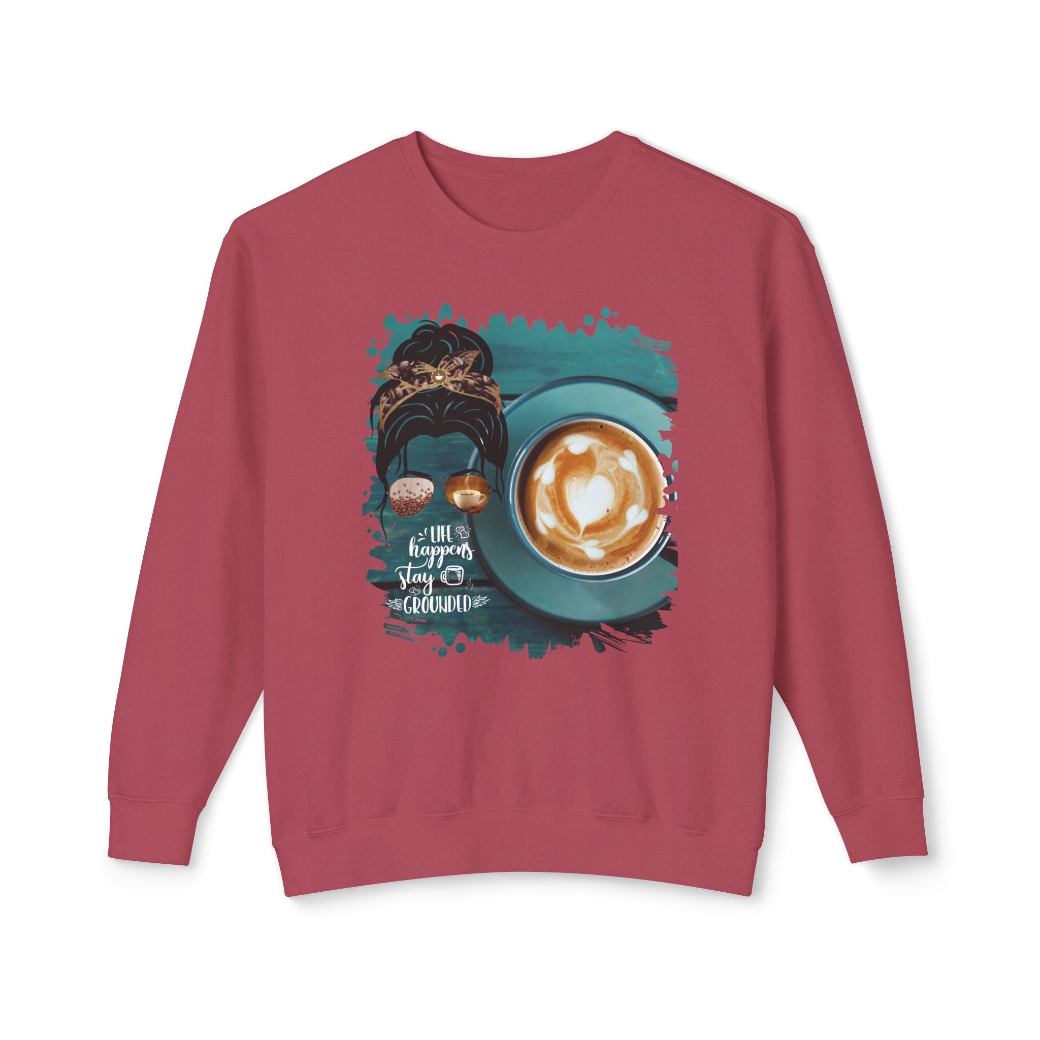Stay Grounded, Coffee Cup, Dark Hair Messy Bun, Unisex Lightweight Crewneck Sweatshirt