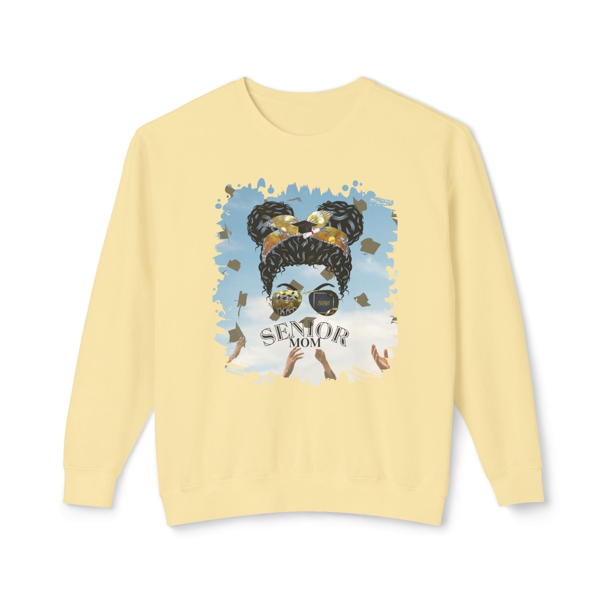 Senior Mom, Celebration, Black Hair Messy Bun, Unisex Lightweight Crewneck Sweatshirt