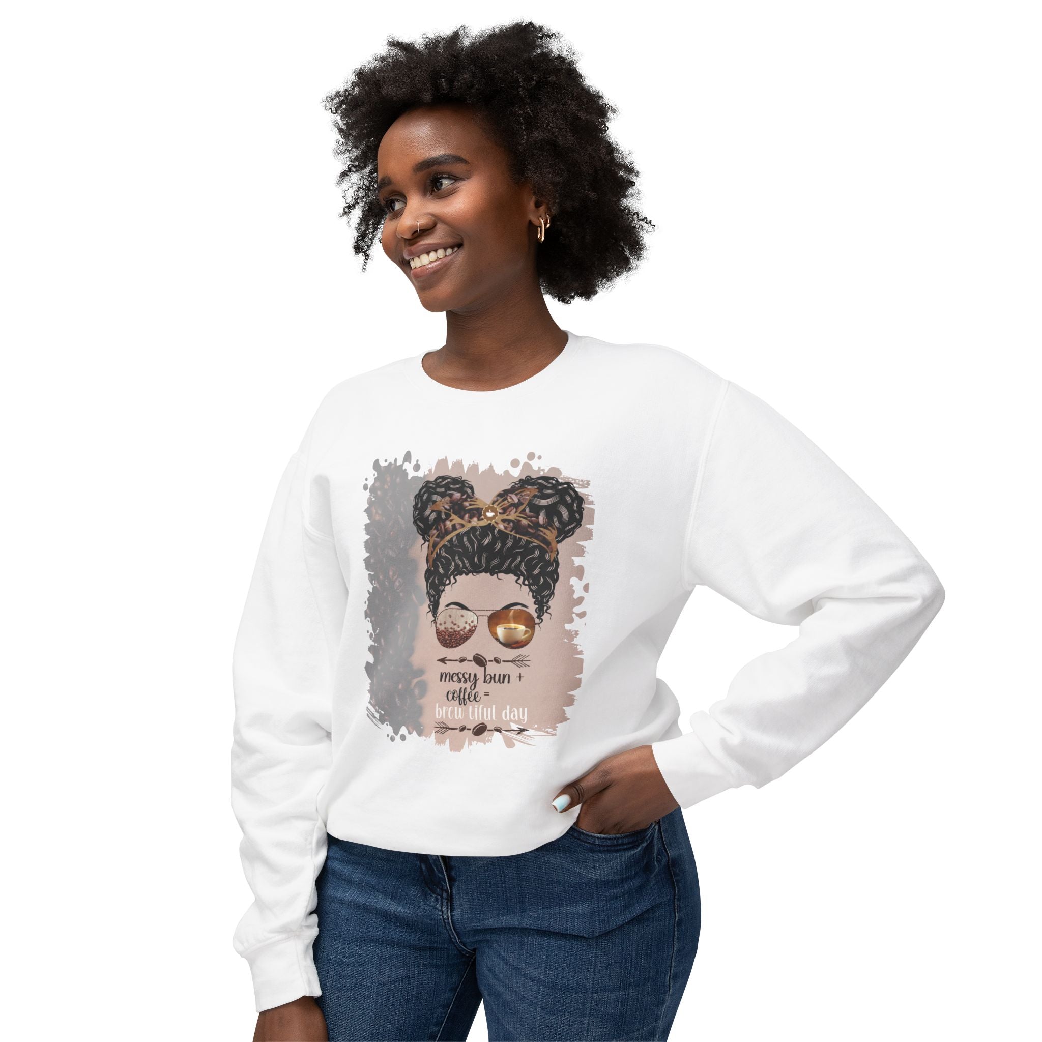 Messy Bun plus Coffee, Coffee Beans Shade, Black Hair Messy Bun, Unisex Lightweight Crewneck Sweatshirt