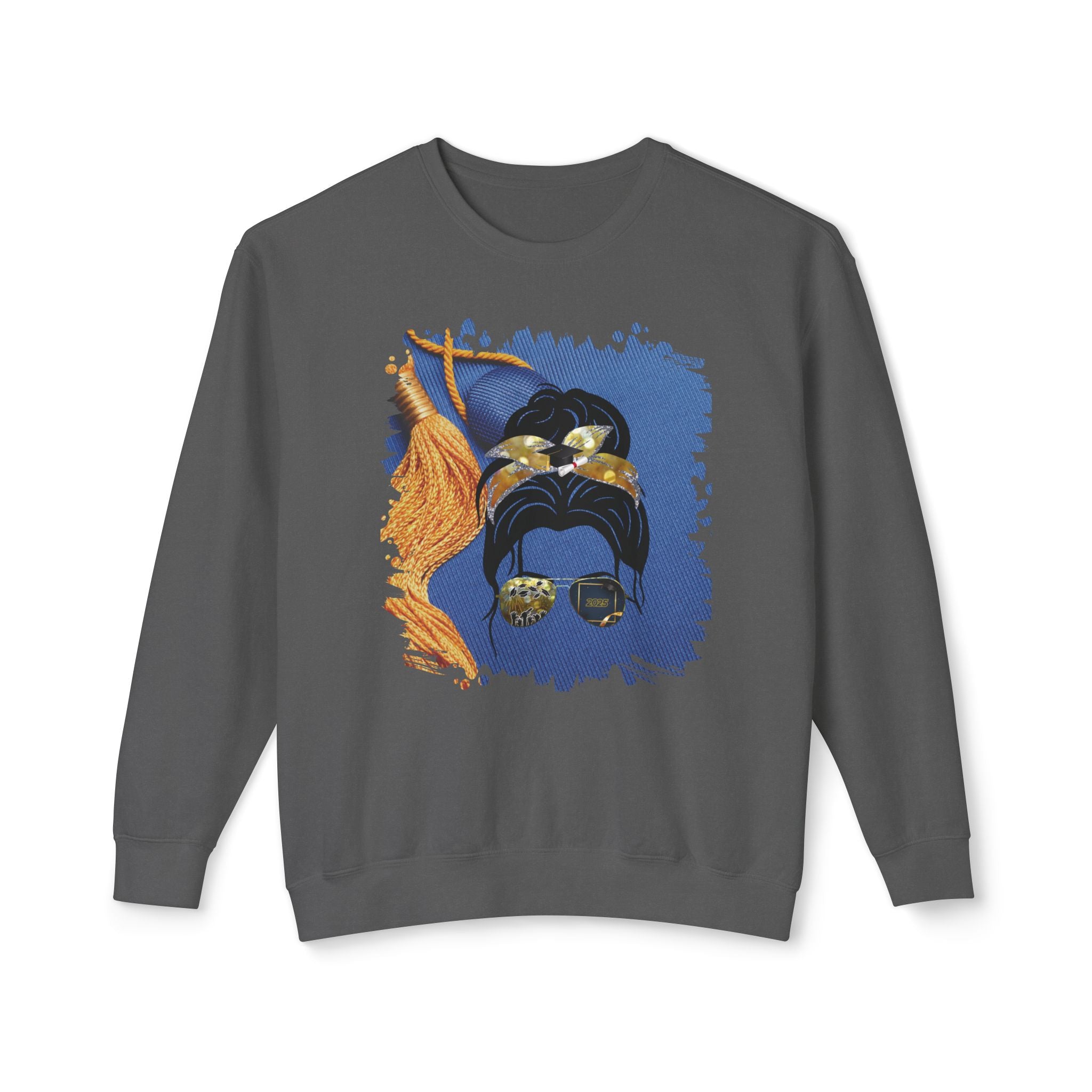 Graduation Cap, Dark Hair Messy Bun, Unisex Lightweight Crewneck Sweatshirt