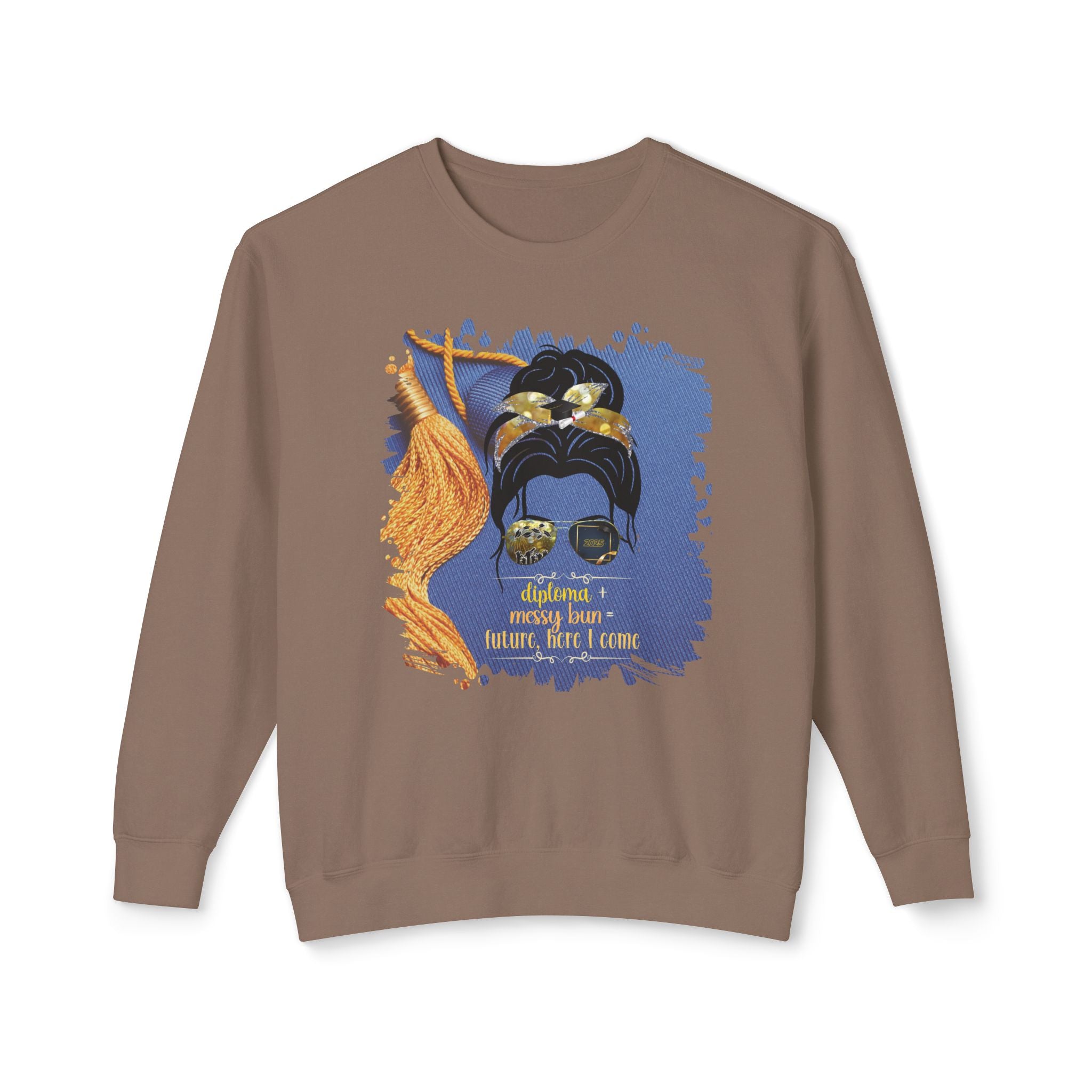 Diploma + Messy Bun, Graduation Cap, Dark Hair Messy Bun, Unisex Lightweight Crewneck Sweatshirt