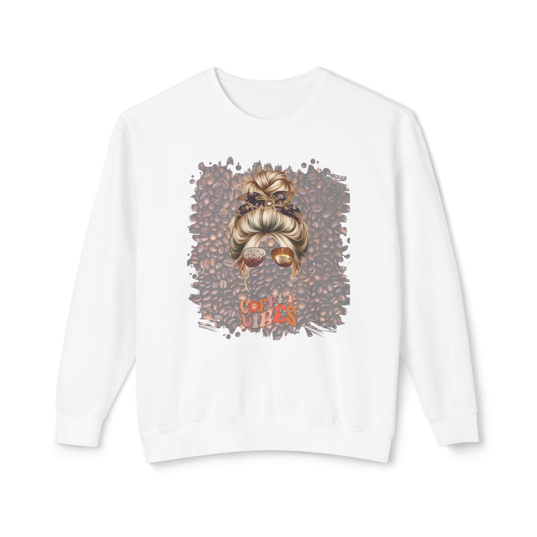 Coffee Vibes, Coffee Beans, Blond Hair Messy Bun, Unisex Lightweight Crewneck Sweatshirt