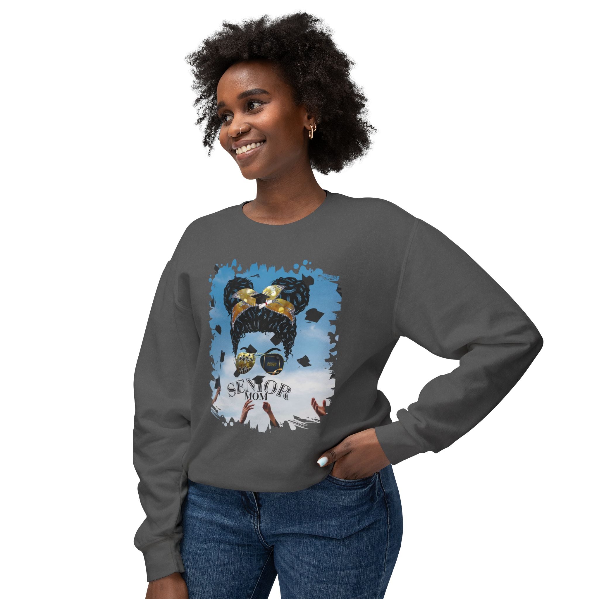 Senior Mom, Celebration, Black Hair Messy Bun, Unisex Lightweight Crewneck Sweatshirt