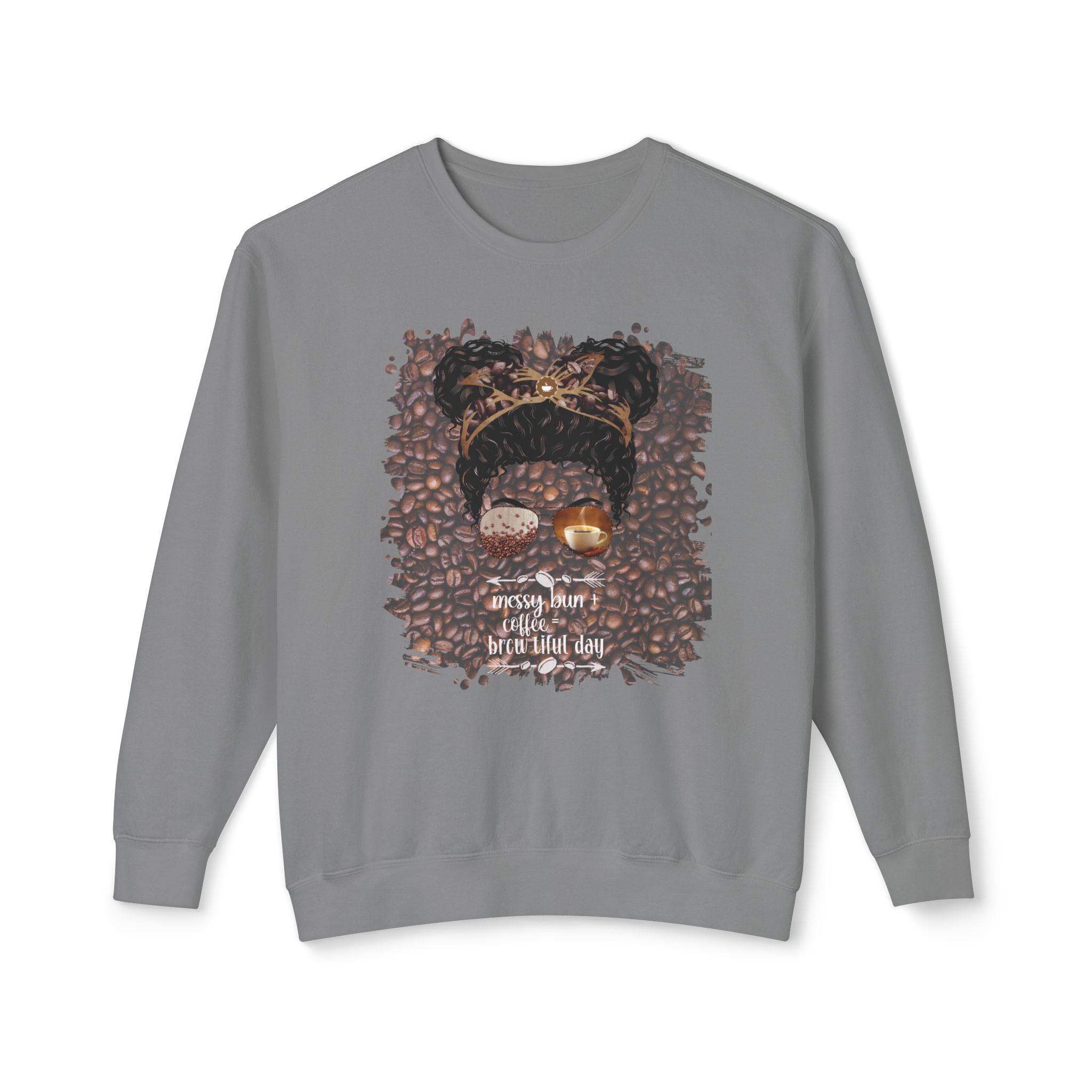 Messy Bun plus Coffee, Coffee Beans, Black Hair Messy Bun, Unisex Lightweight Crewneck Sweatshirt