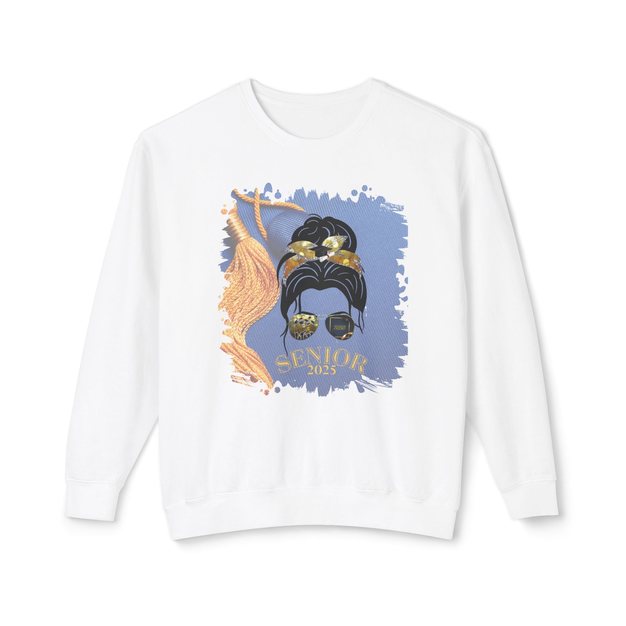 Senior 2025, Graduation Cap, Dark Hair Messy Bun, Unisex Lightweight Crewneck Sweatshirt
