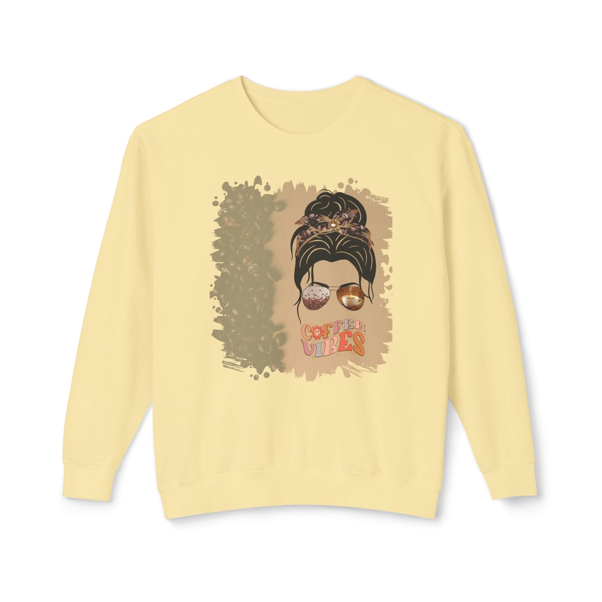 Coffee Vibes, Coffee Beans Shade, Dark Hair Messy Bun, Unisex Lightweight Crewneck Sweatshirt