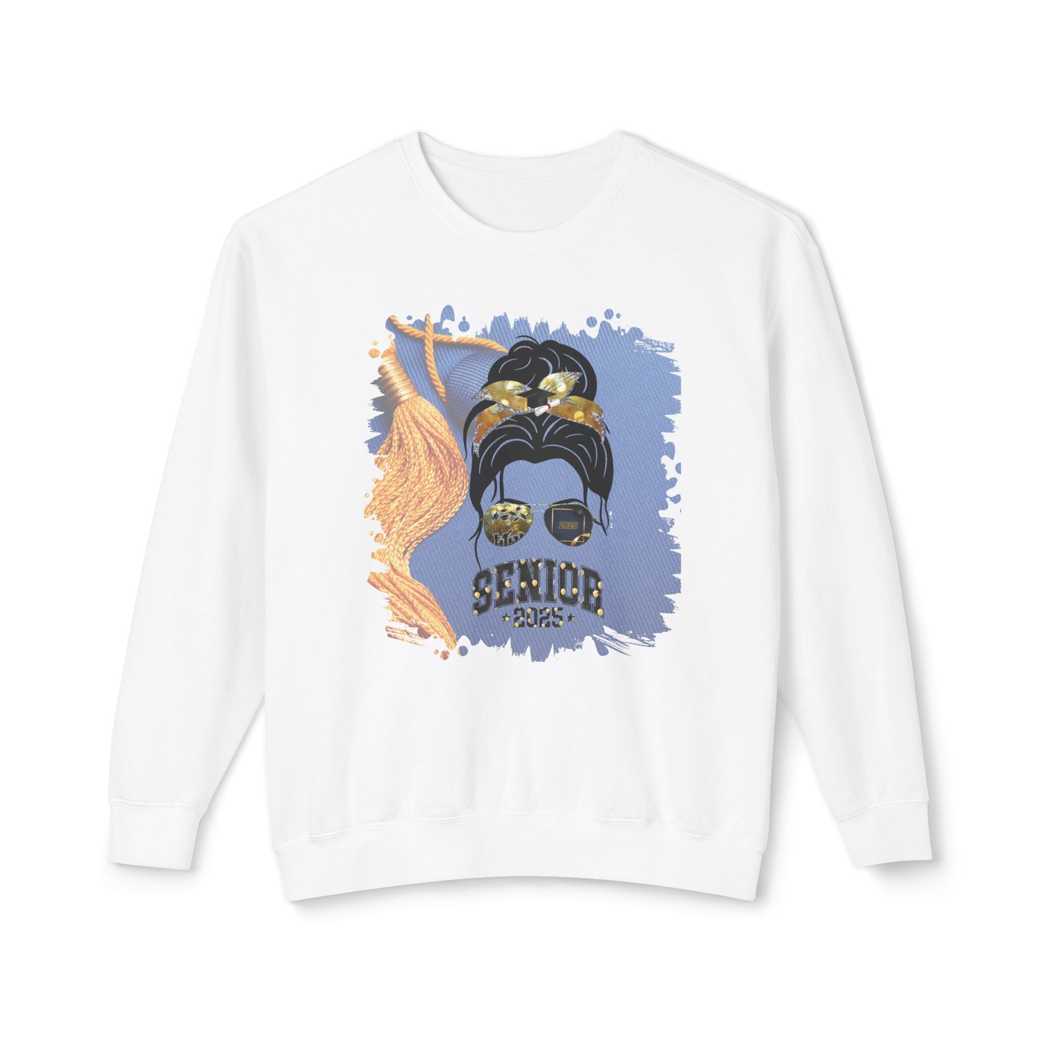 Senior 2025 Balloons, Graduation Cap, Dark Hair Messy Bun, Unisex Lightweight Crewneck Sweatshirt