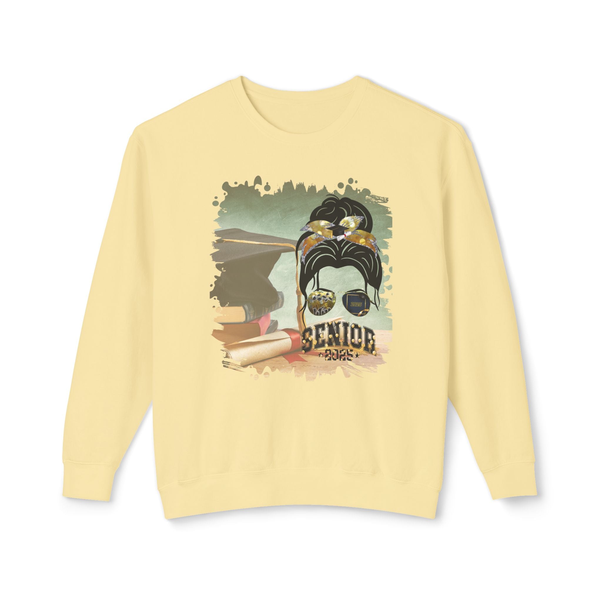 Senior 2025 Balloons, Cap & Degree/Diploma, Dark Hair Messy Bun, Unisex Lightweight Crewneck Sweatshirt