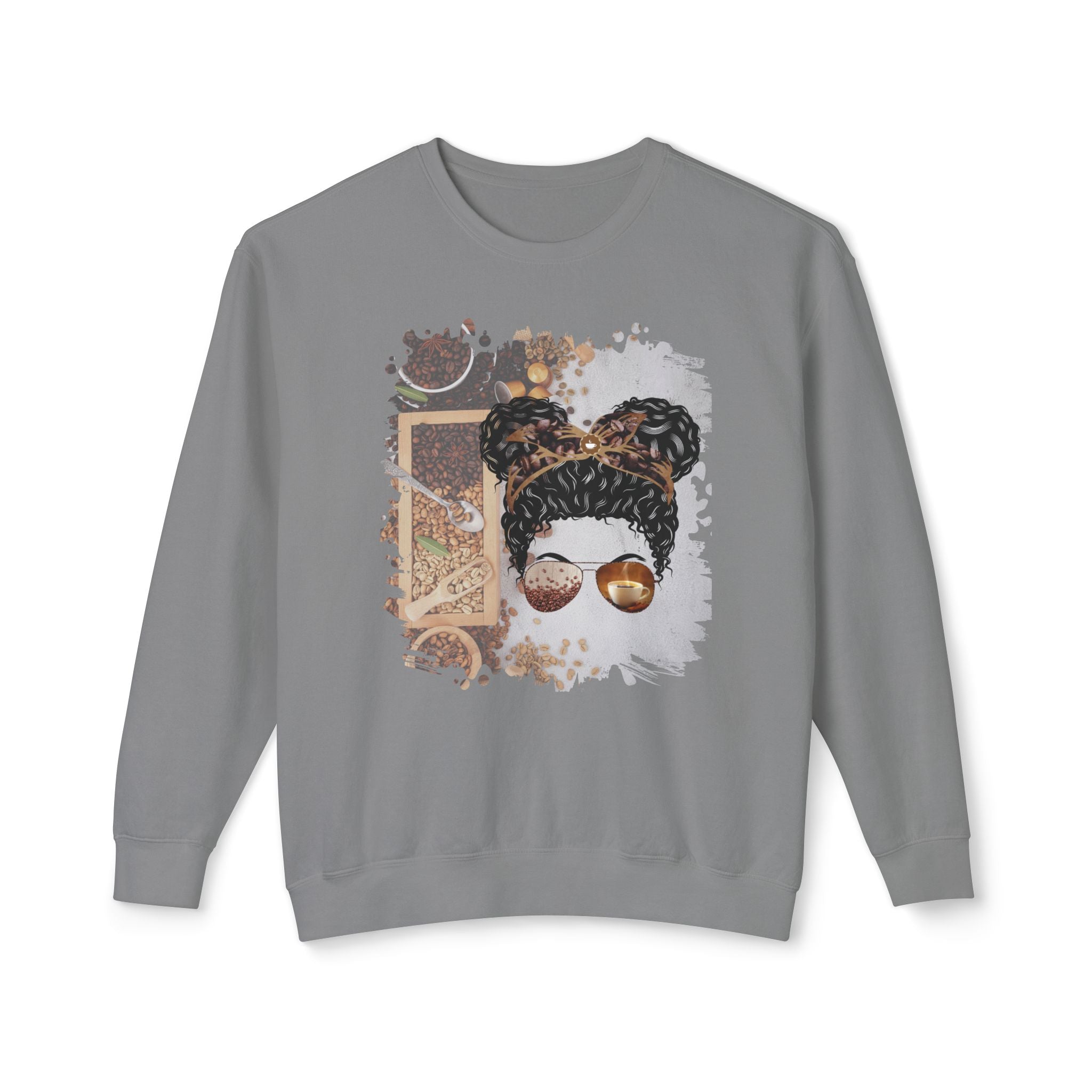 Coffee Beans Variety, Black Hair Messy Bun, Unisex Lightweight Crewneck Sweatshirt