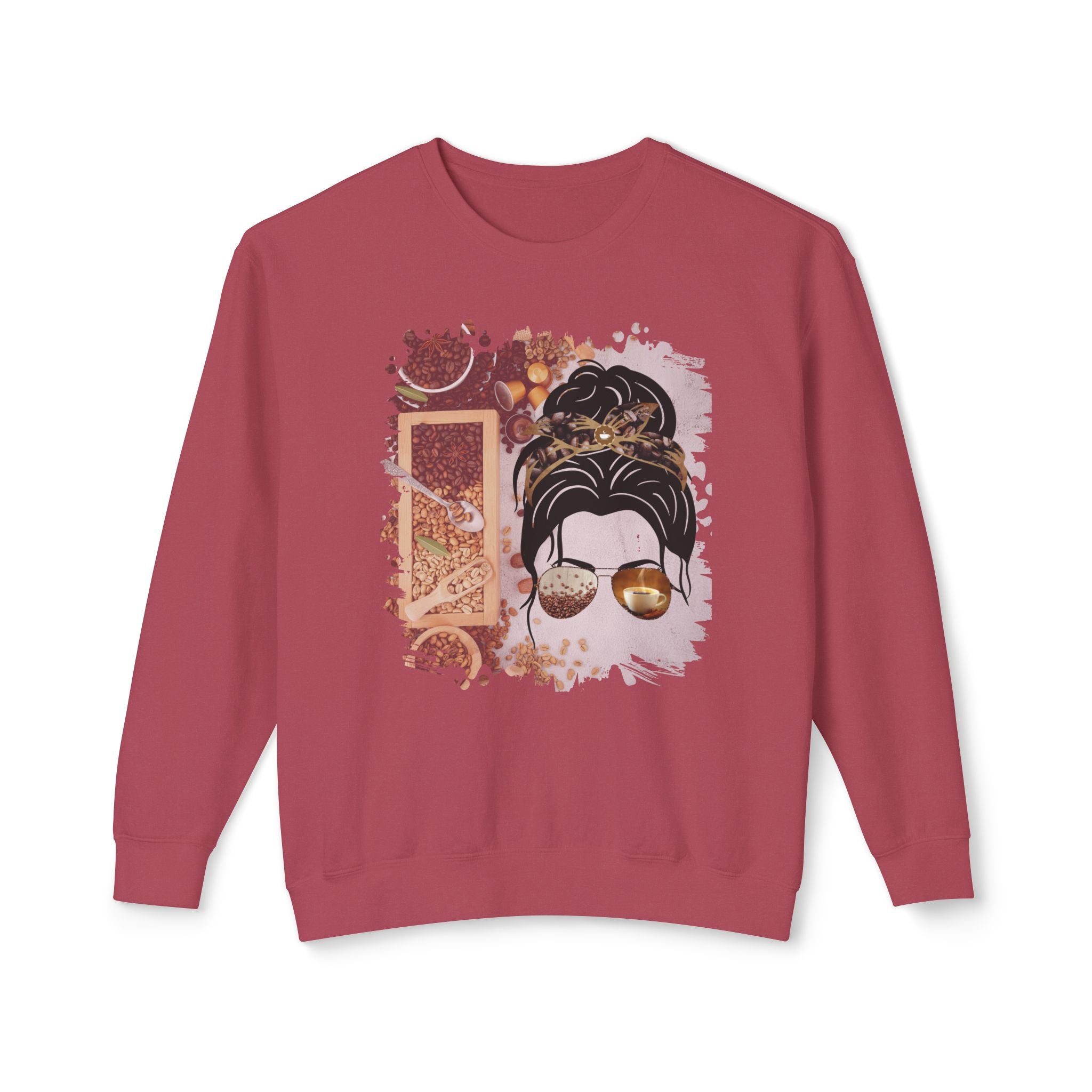 Coffee Beans Variety, Dark Hair Messy Bun, Unisex Lightweight Crewneck Sweatshirt