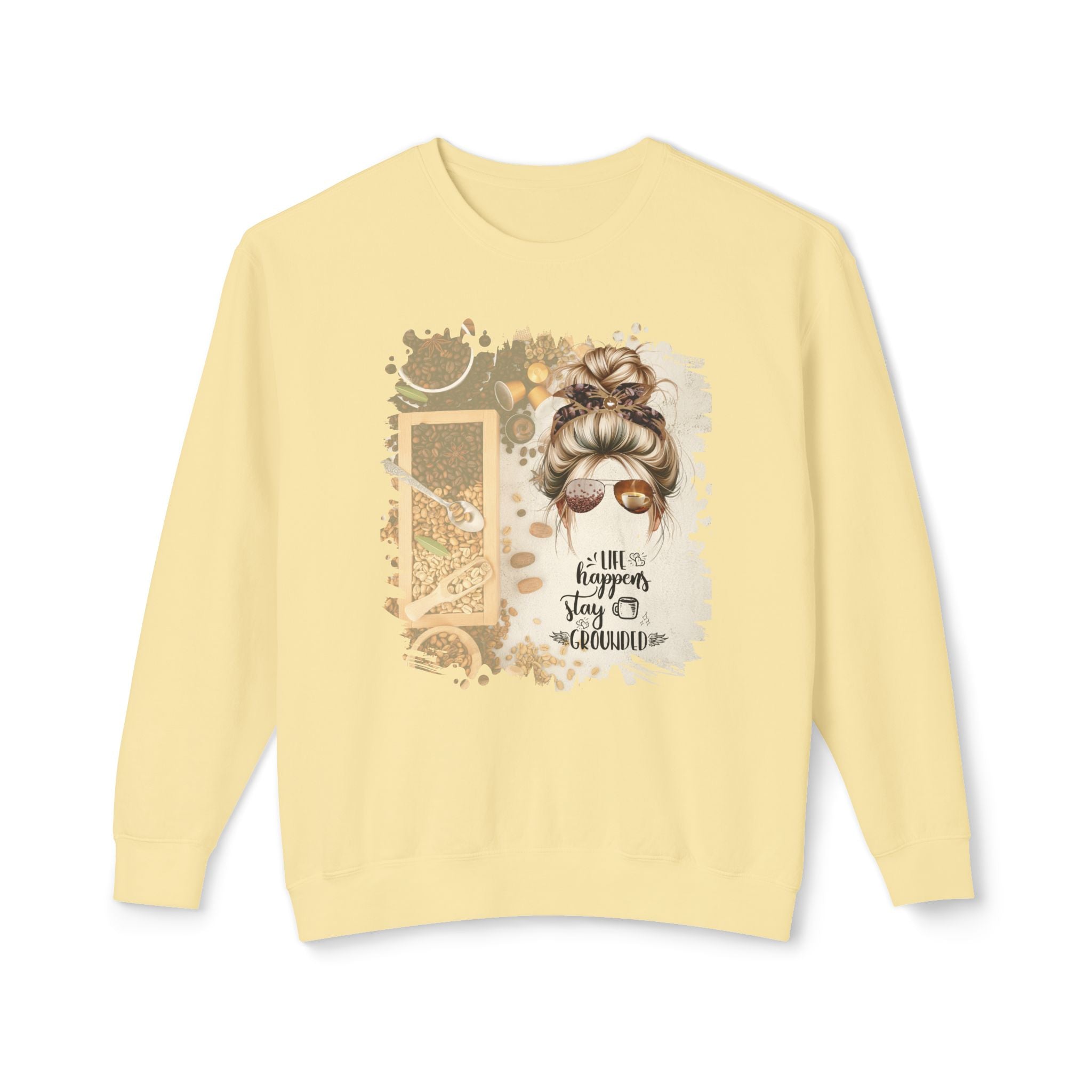 Stay Grounded, Coffee Beans Variety, Blond Hair Messy Bun, Unisex Lightweight Crewneck Sweatshirt