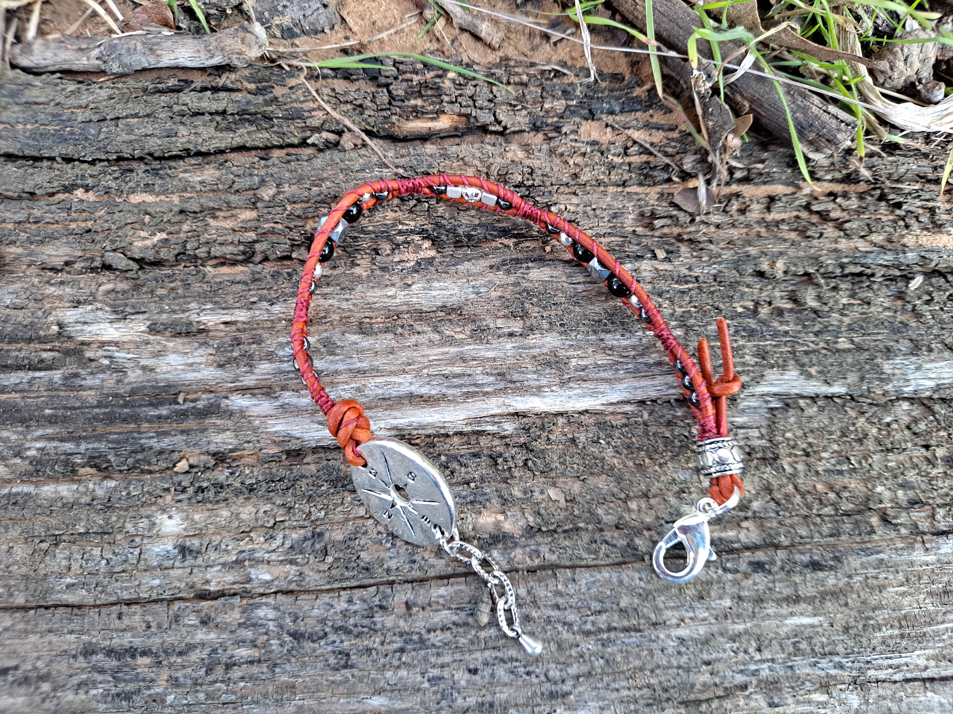 Bracelet Handmade, Single Wrap Leather Bracelet, Glass Beads (E36)