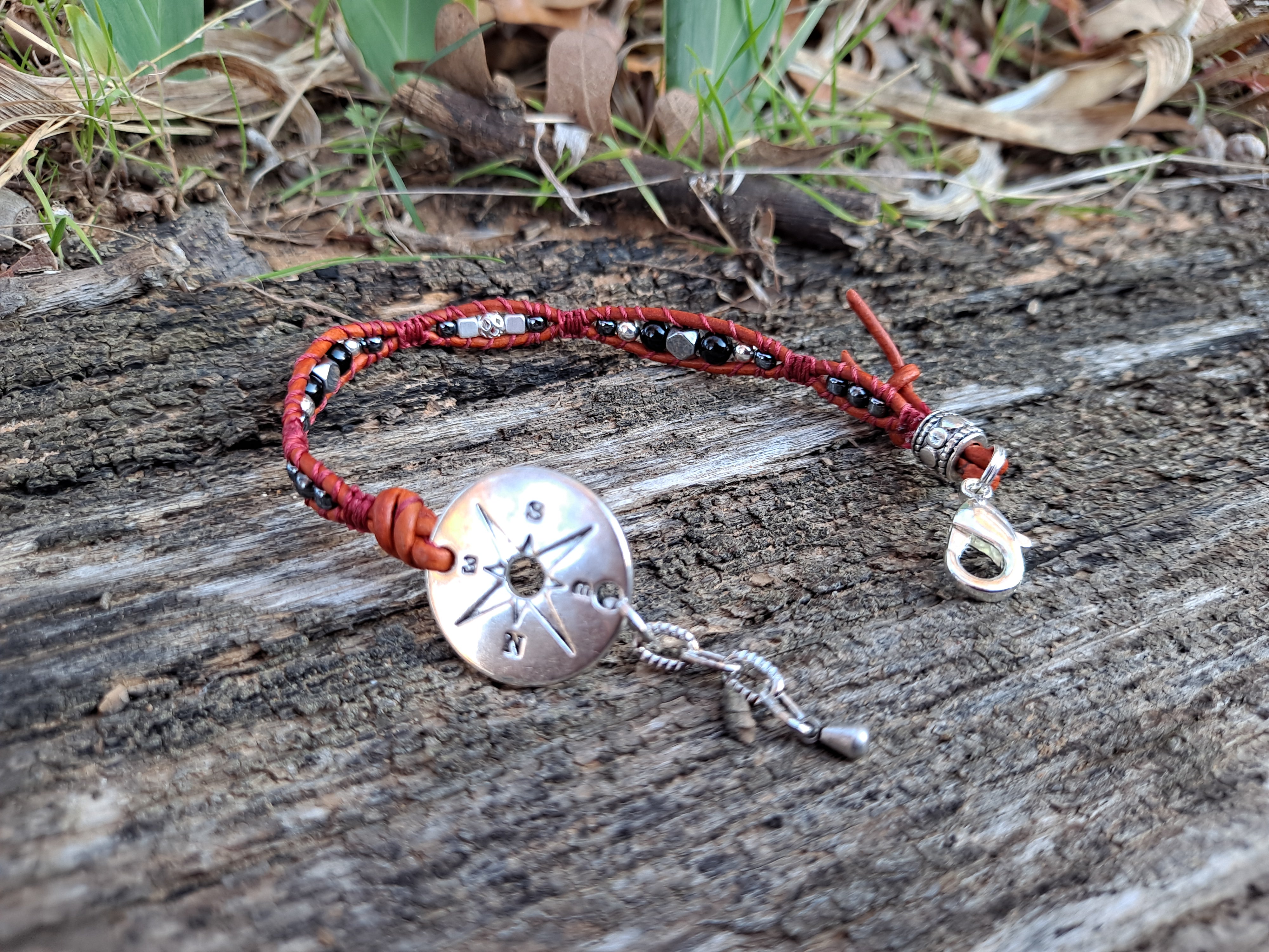 Bracelet Handmade, Single Wrap Leather Bracelet, Glass Beads (E36)