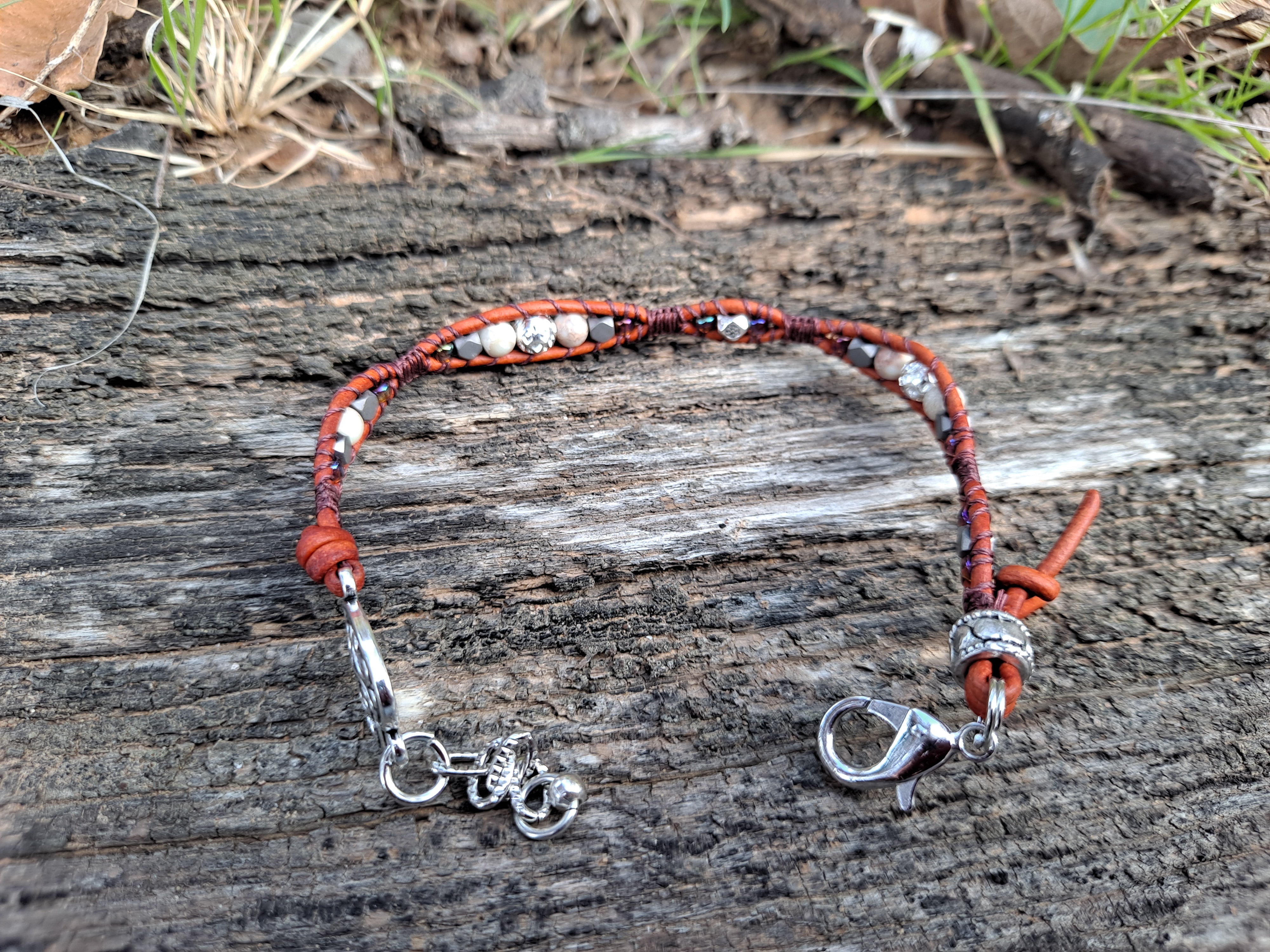 Bracelet Handmade, Single Wrap Leather Bracelet, Jasper Beads (D32)