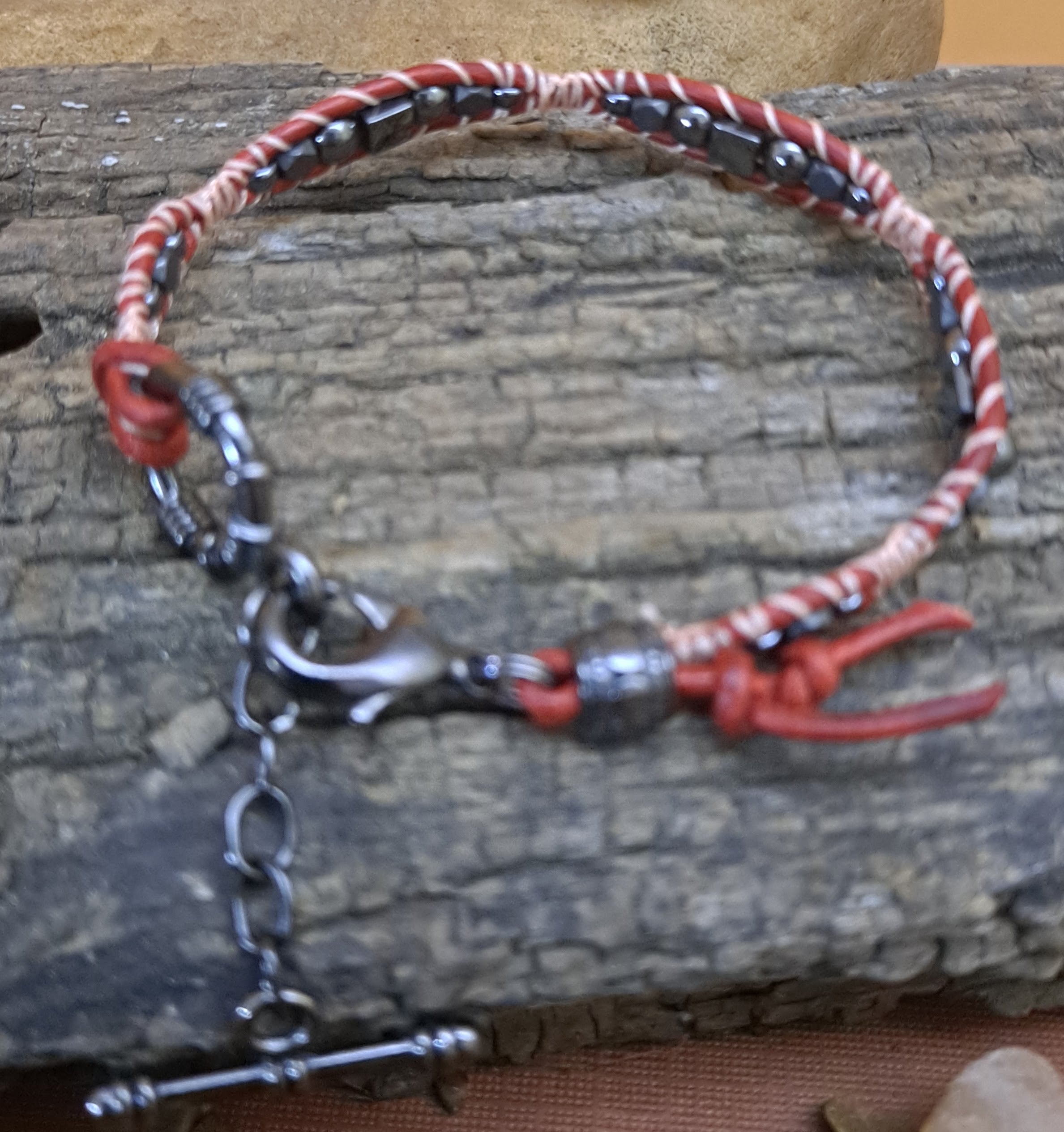 Bracelet Handmade, Single Wrap Leather Bracelet, Hematite Beads (J19)