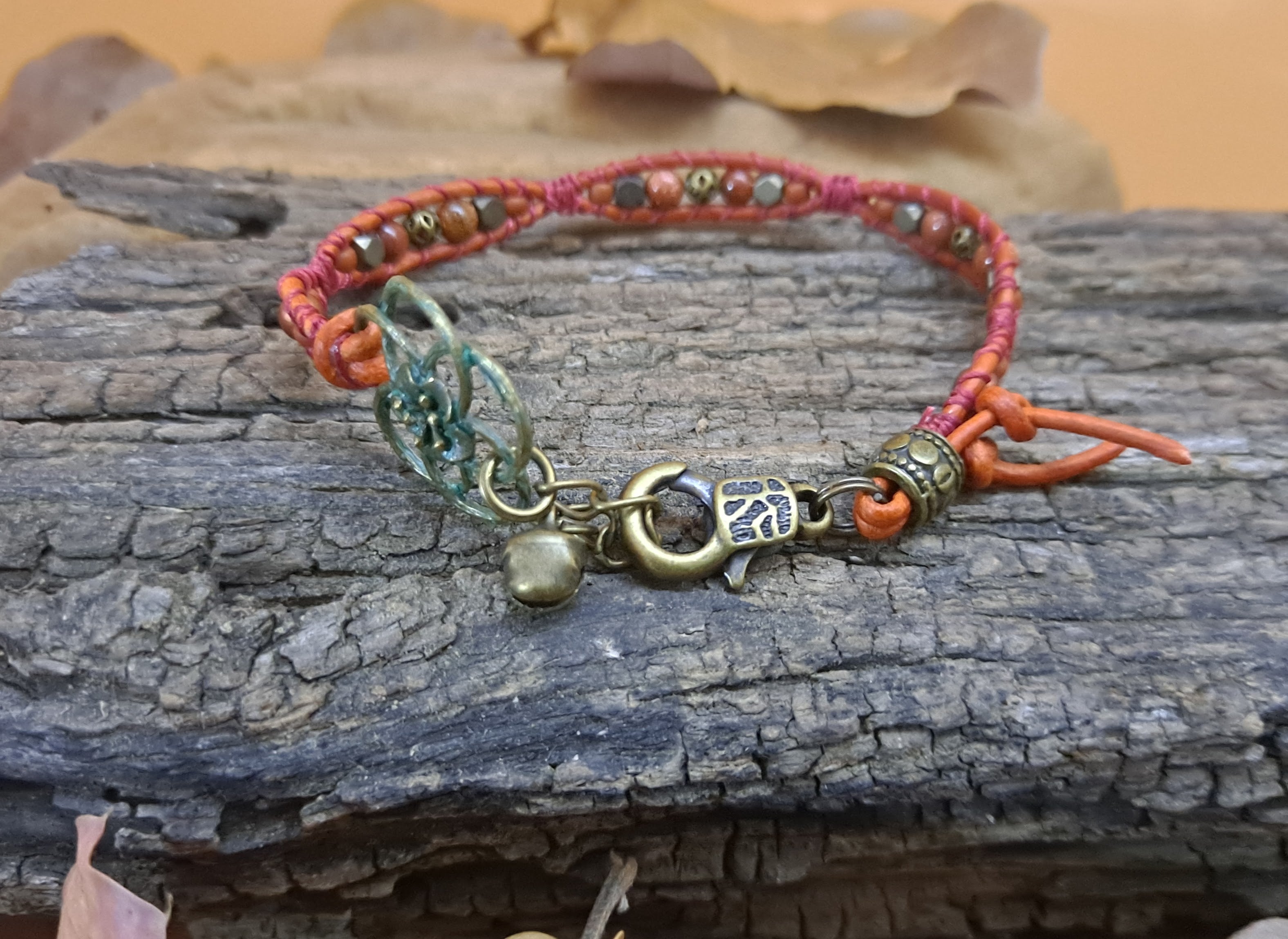Bracelet Handmade, Single Wrap Leather Bracelet, Goldstone Beads (J13)