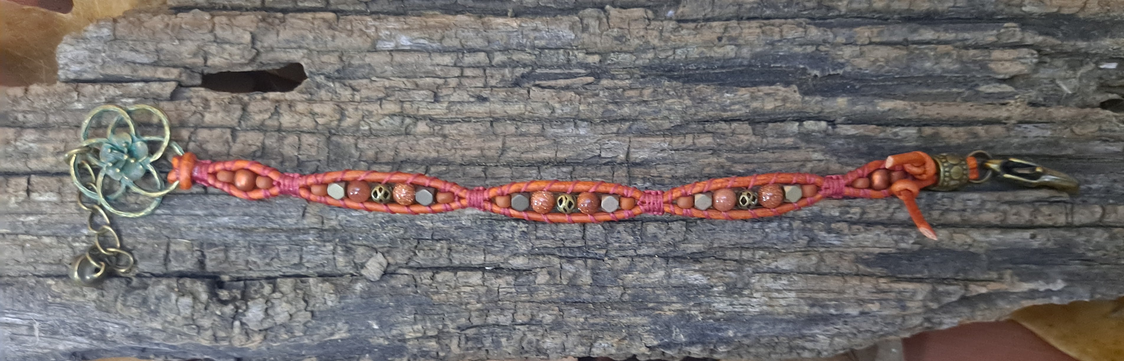 Bracelet Handmade, Single Wrap Leather Bracelet, Goldstone Beads (J13)