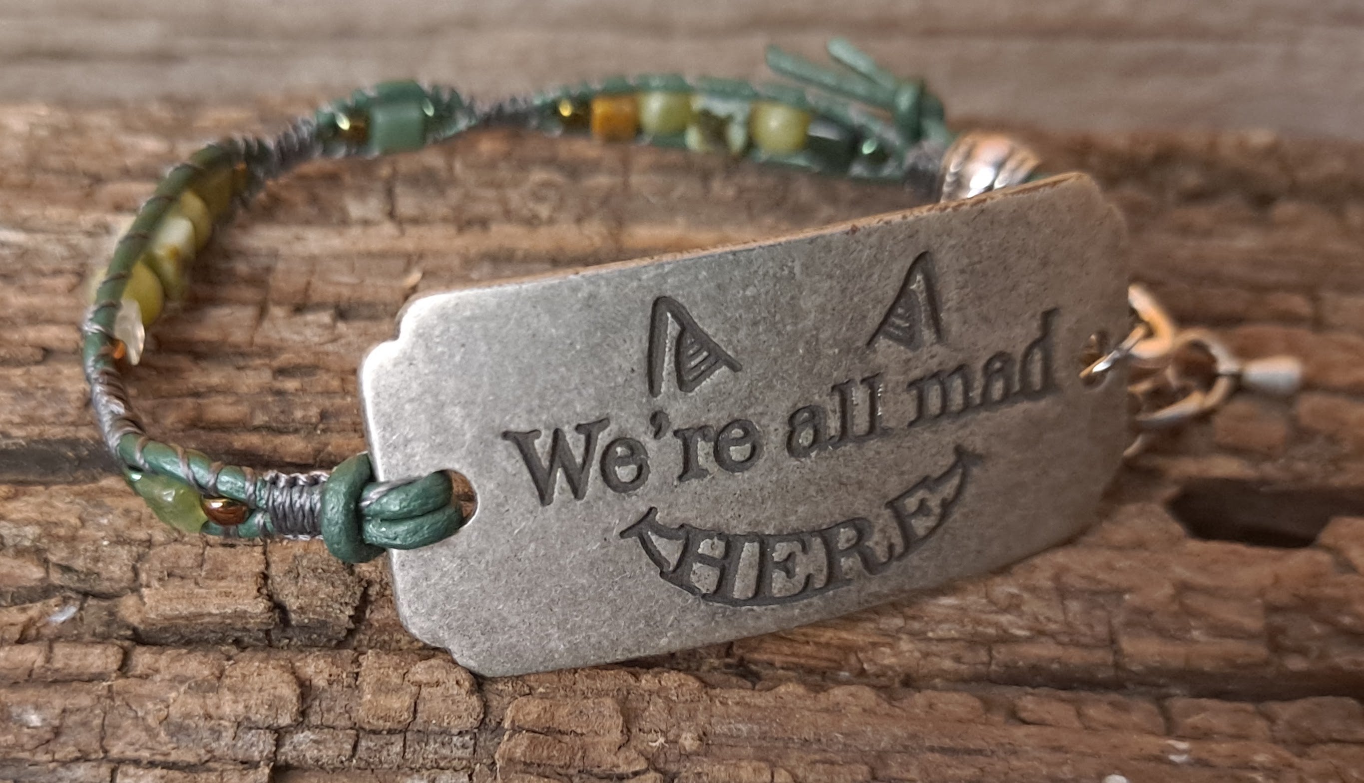 Bracelet Handmade, Single Wrap Leather Bracelet Band "We're All Mad Here", Serpentine Beads (J57)