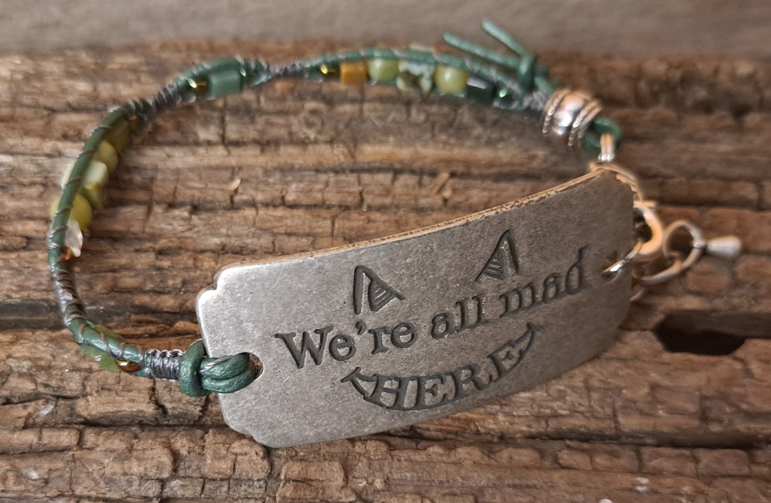 Bracelet Handmade, Single Wrap Leather Bracelet Band "We're All Mad Here", Serpentine Beads (J57)