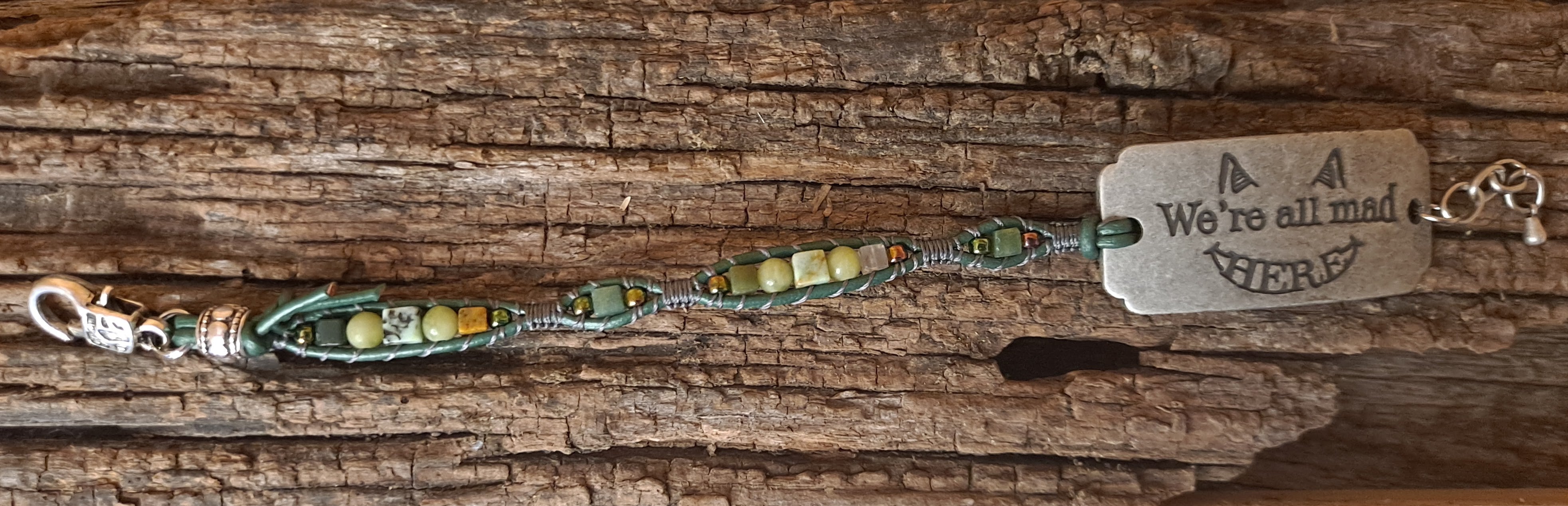 Bracelet Handmade, Single Wrap Leather Bracelet Band "We're All Mad Here", Serpentine Beads (J57)