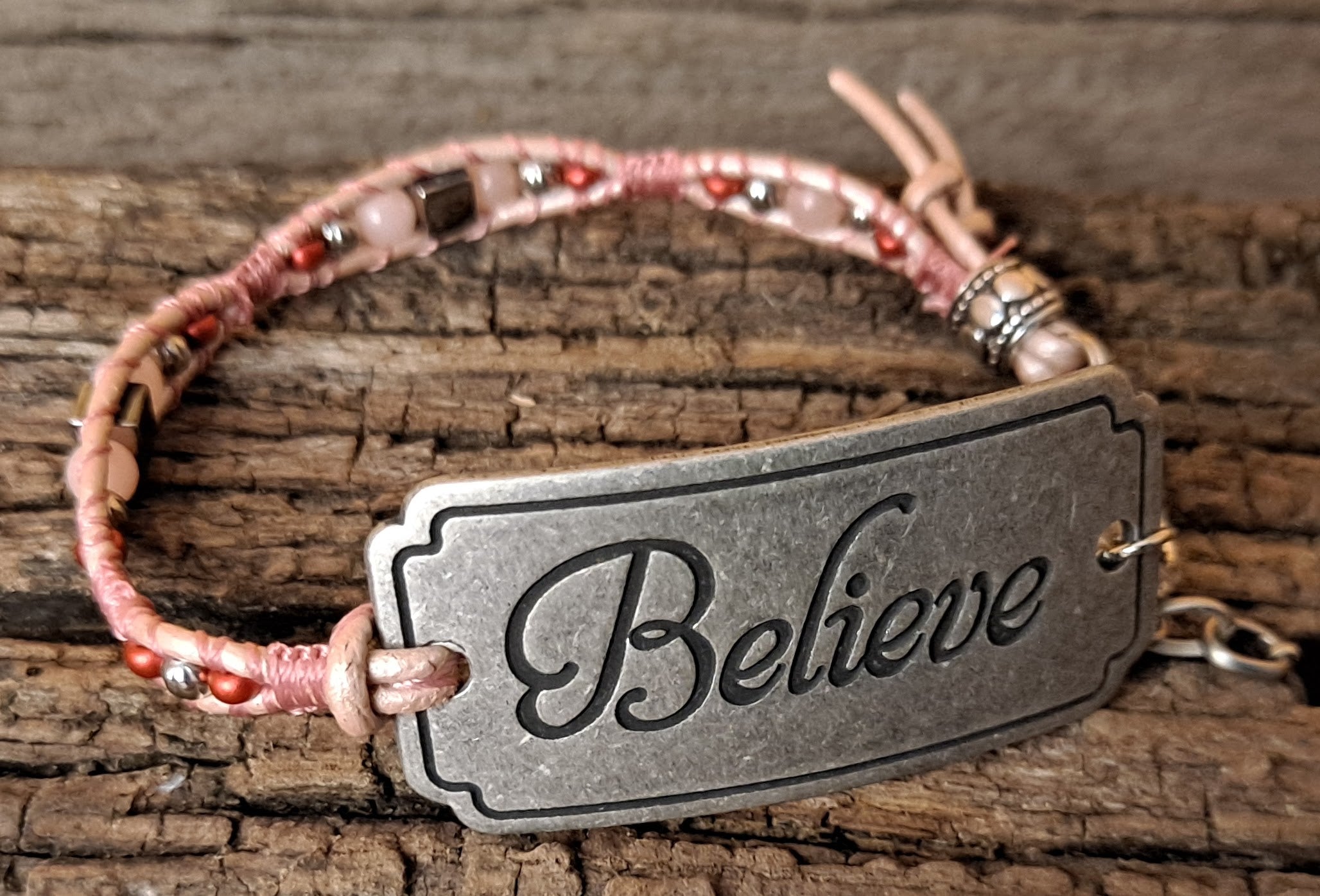 Bracelet Handmade, Single Wrap Leather Bracelet Band "Believe", Opal Beads (J11)
