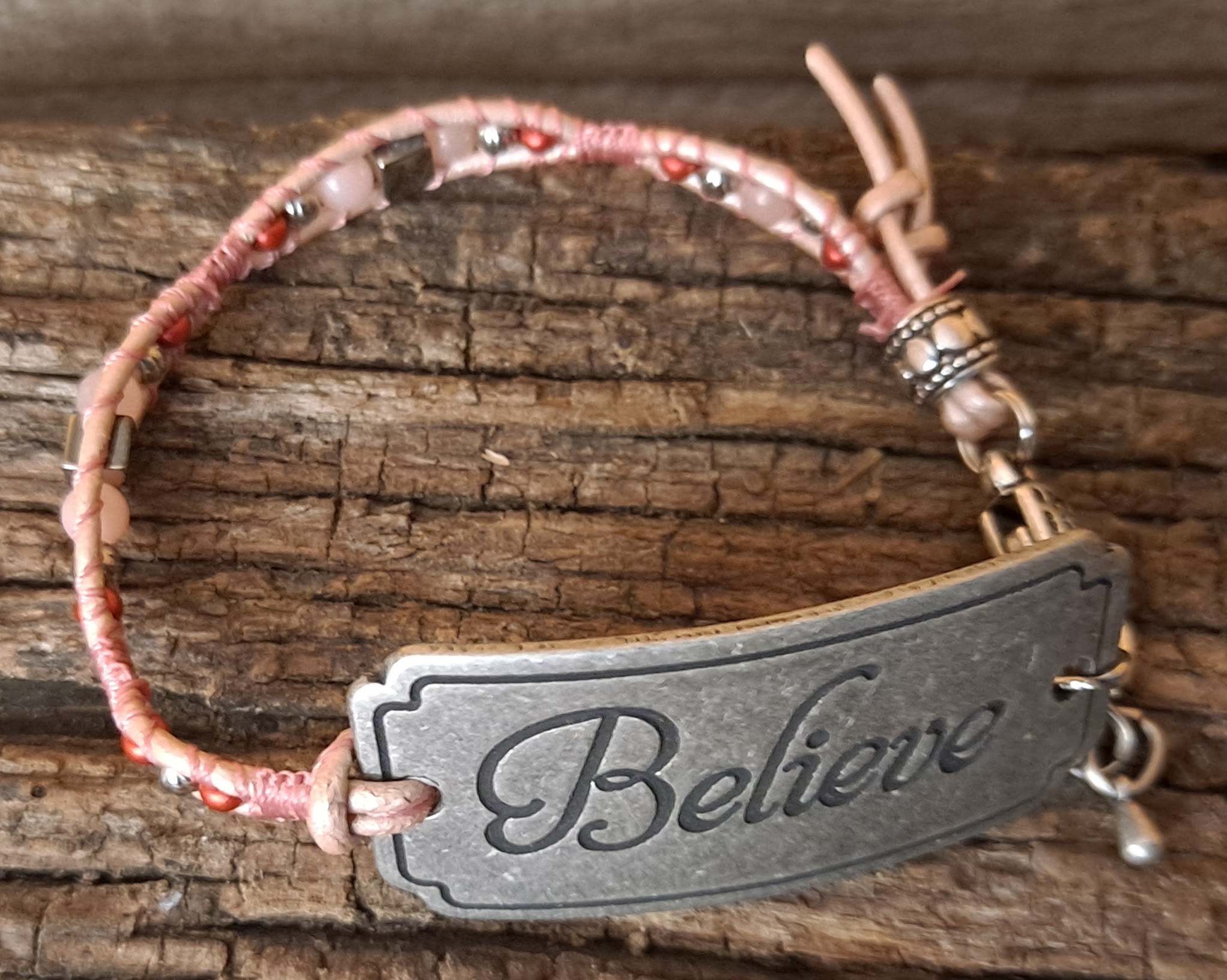 Bracelet Handmade, Single Wrap Leather Bracelet Band "Believe", Opal Beads (J11)