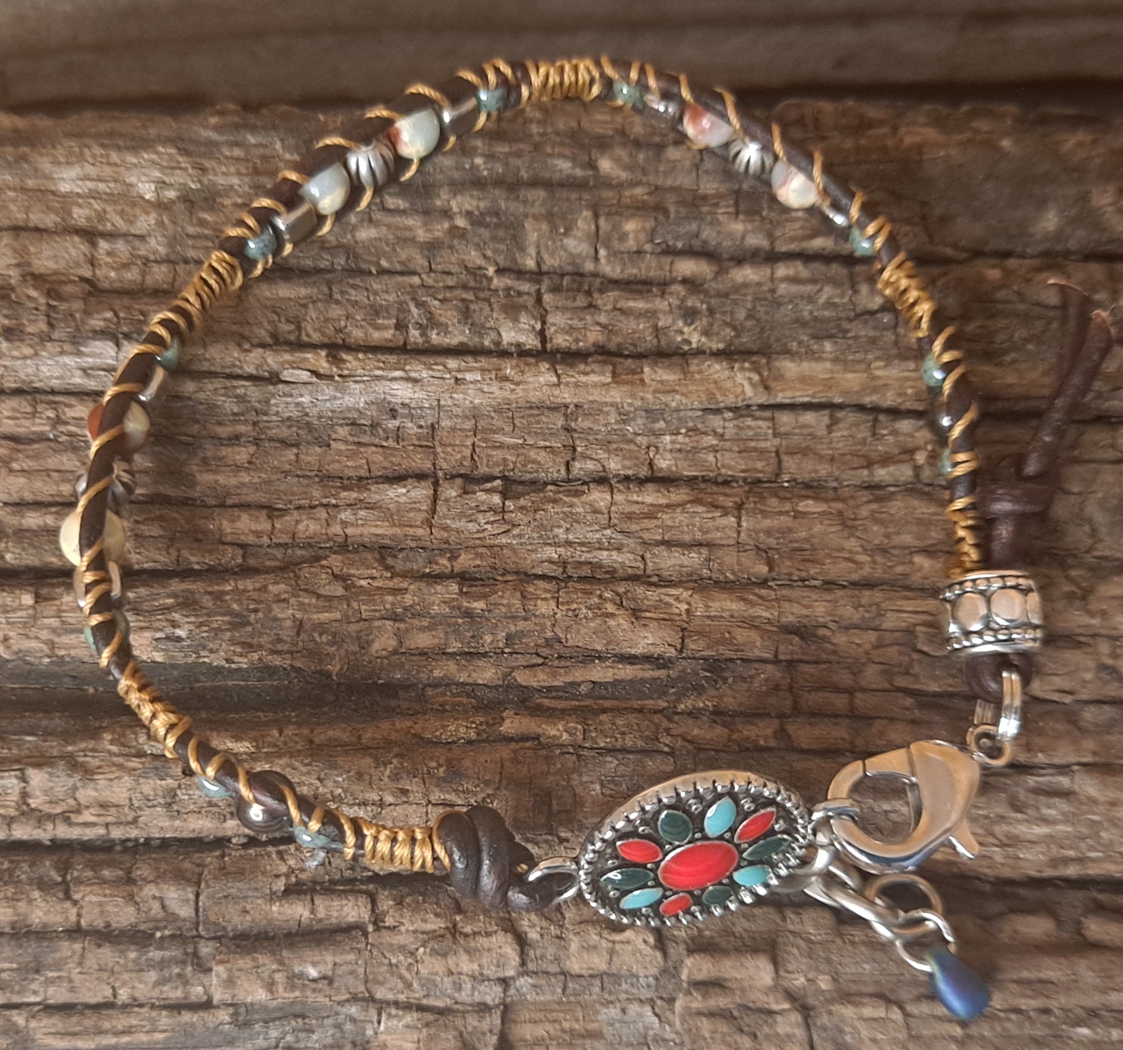 Bracelet Handmade, Single Wrap Leather Bracelet, Jasper Beads (EM50)